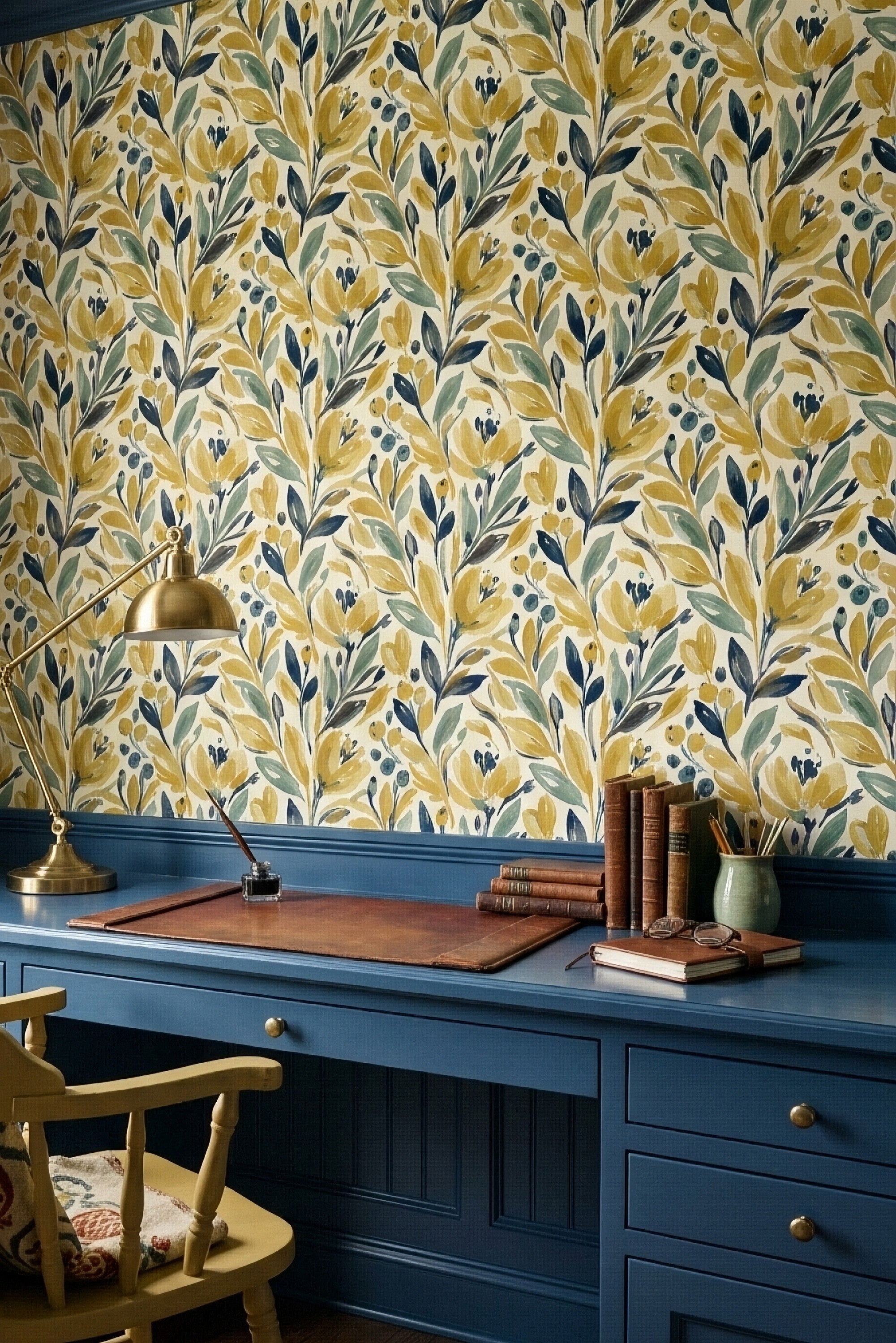 Golden Meadow wallpaper shown in a home office