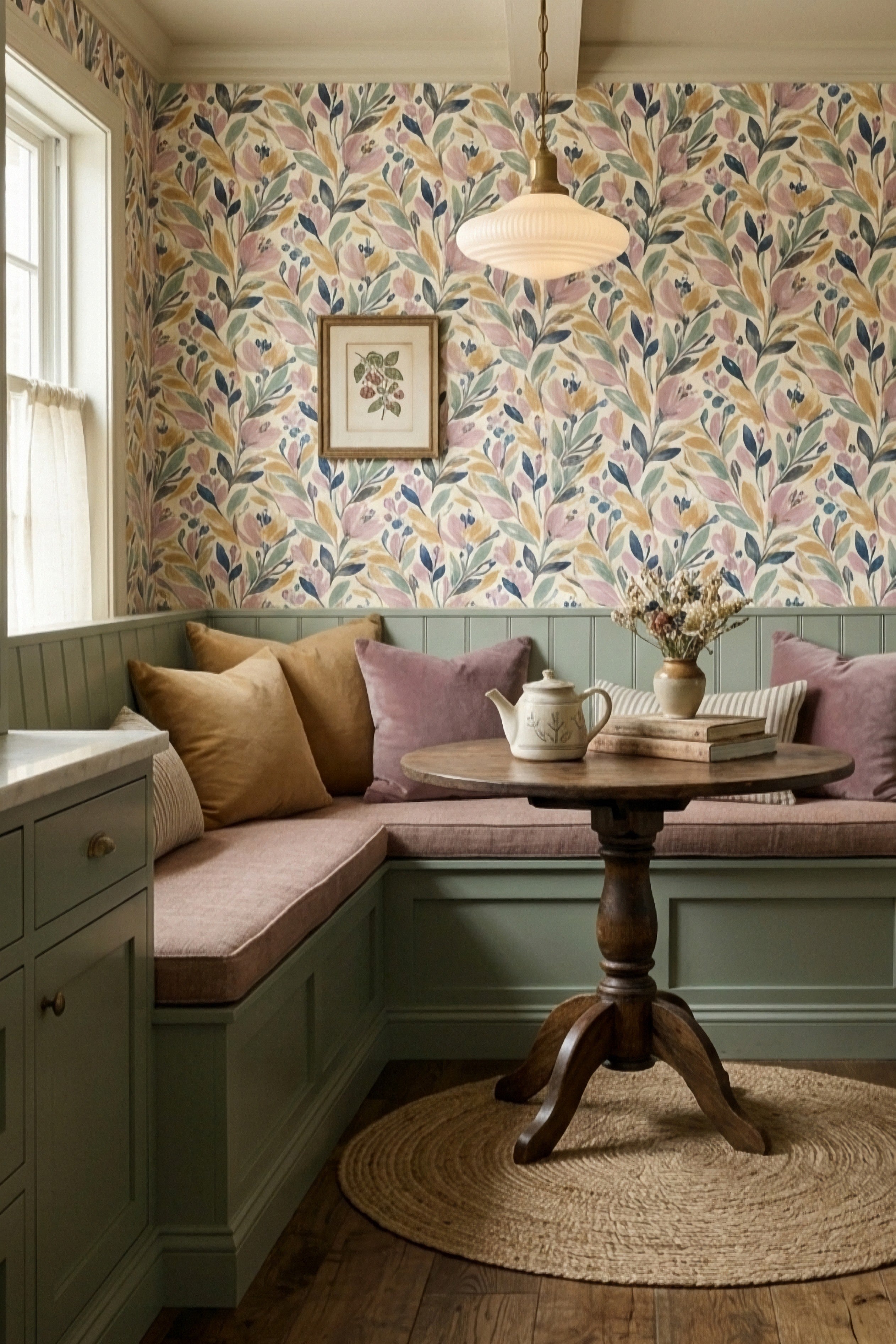 Cottage Posy wallpaper shown in a kitchen nook