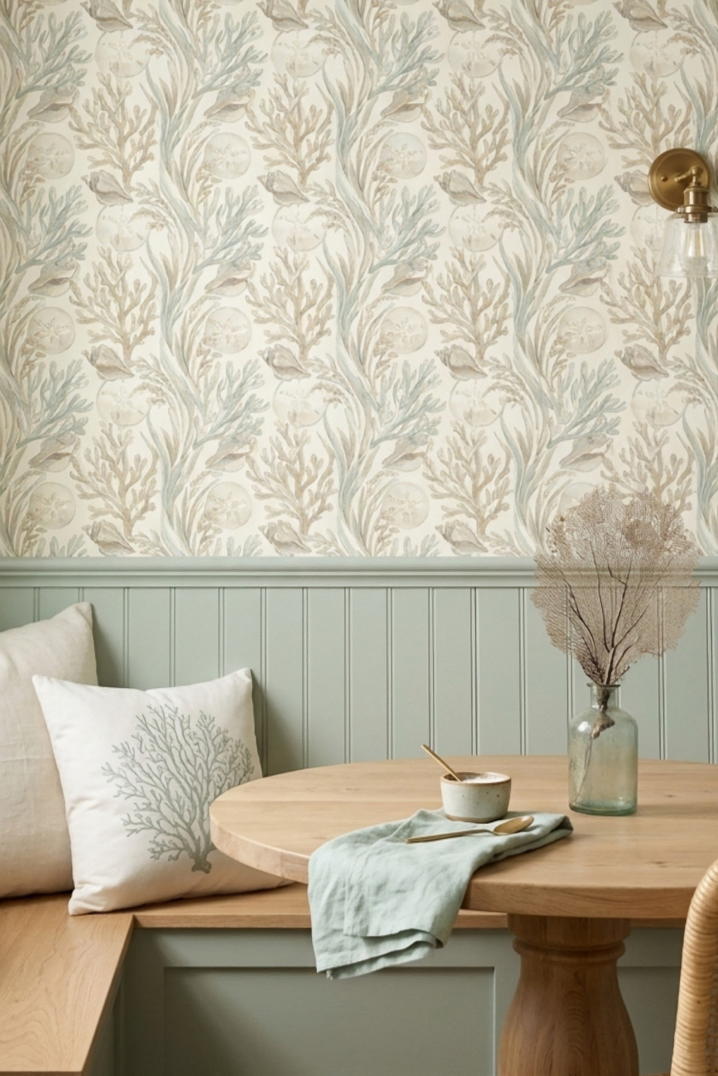 Sage Tide wallpaper shown in a kitchen nook
