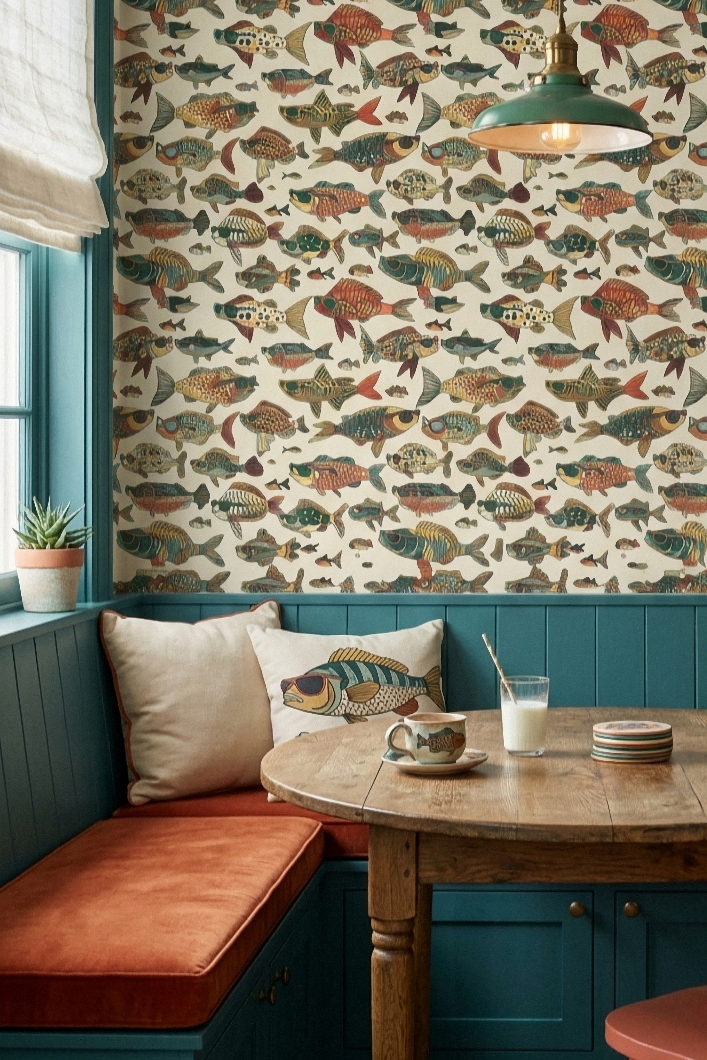 School's Out wallpaper shown in a cozy nook