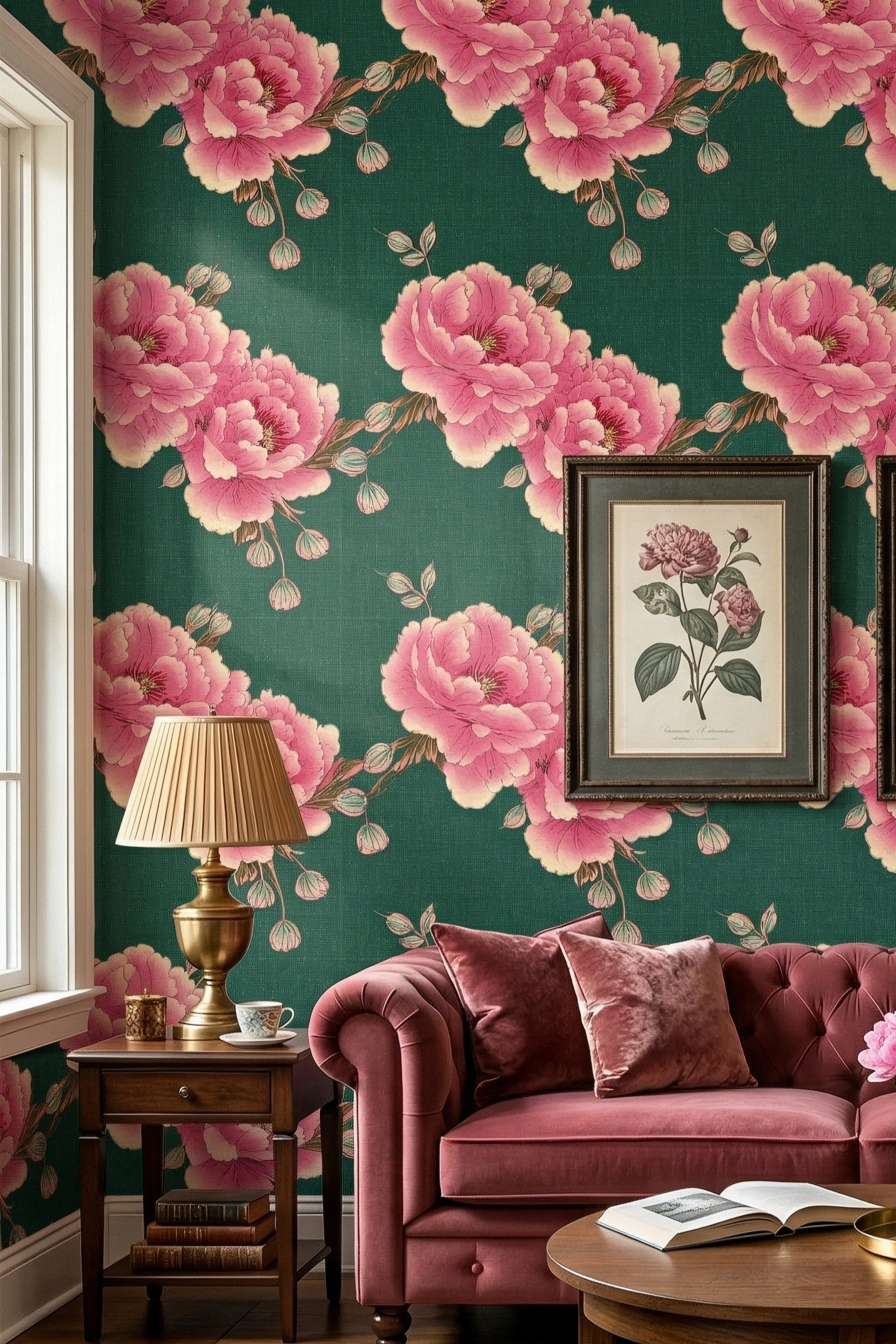Garden Party wallpaper shown in a living room