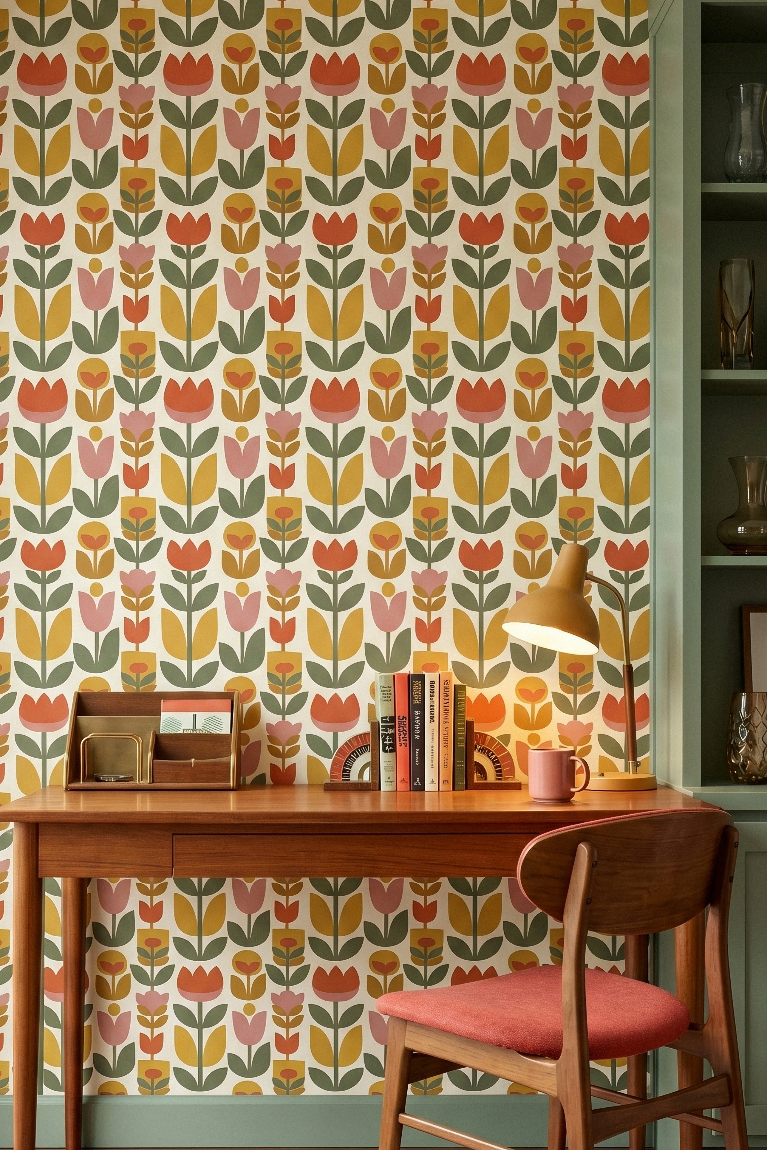 Amber Tulip wallpaper shown in a home office