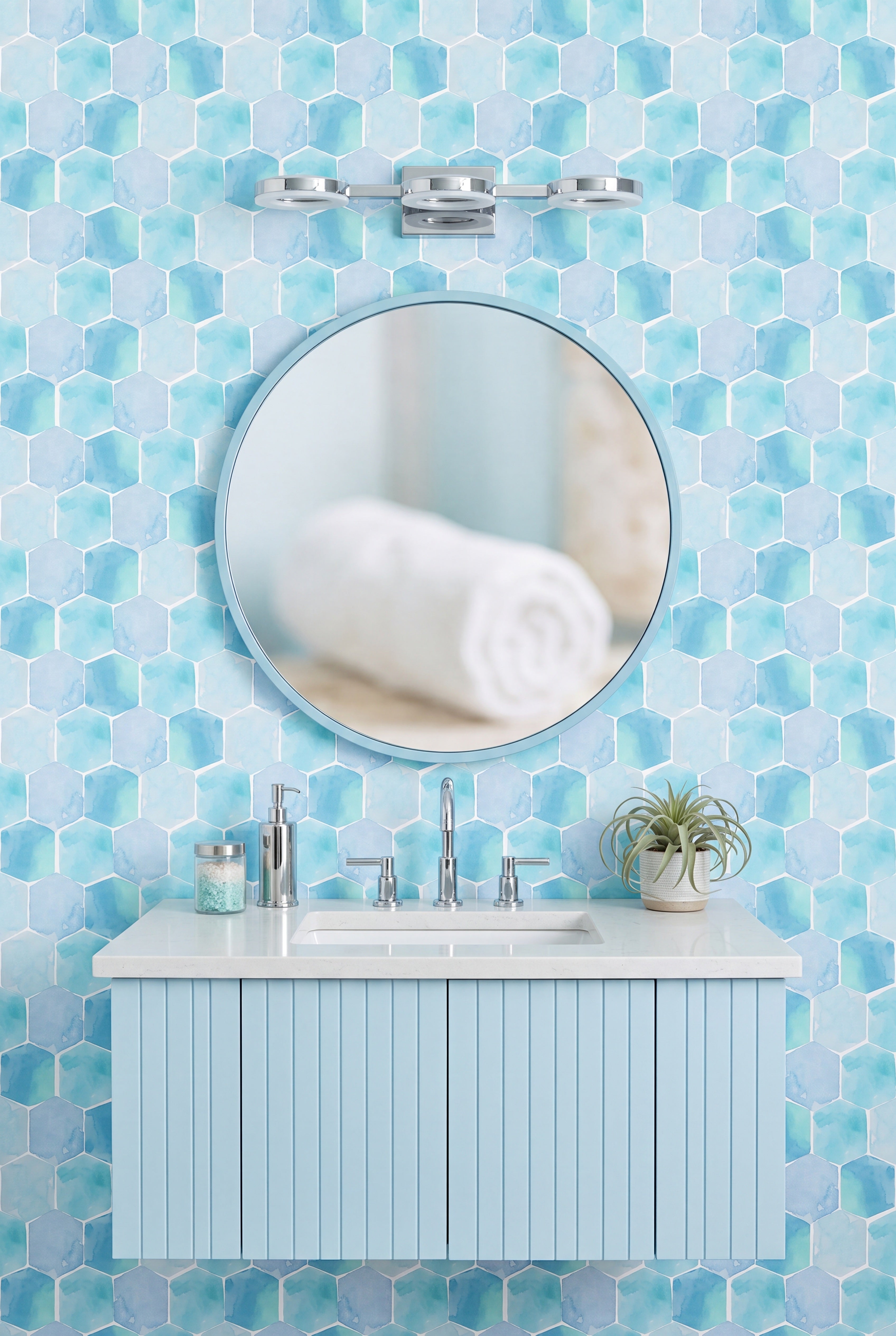Sea Glass wallpaper shown in a powder room
