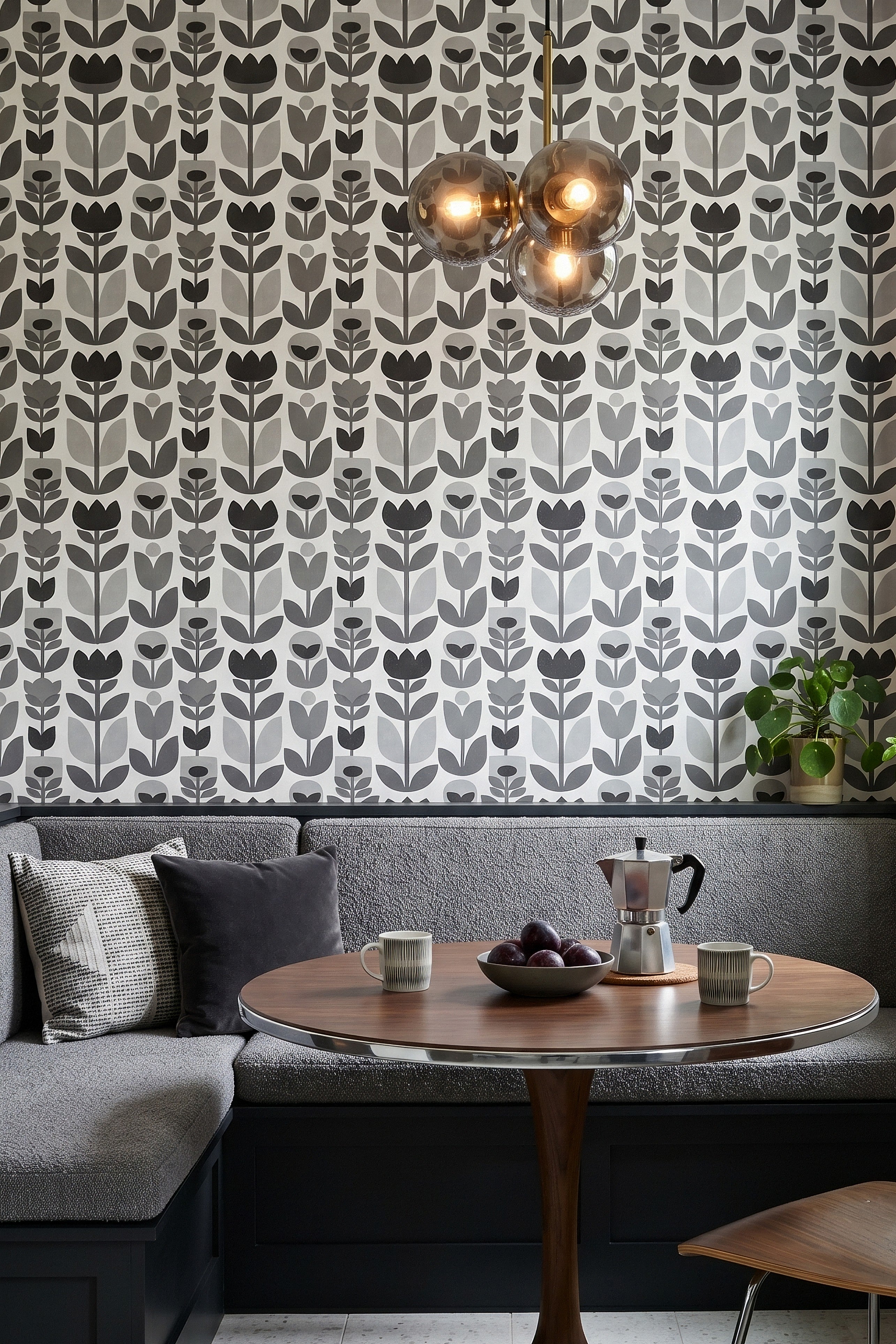 Tulip Noir wallpaper shown in a kitchen nook