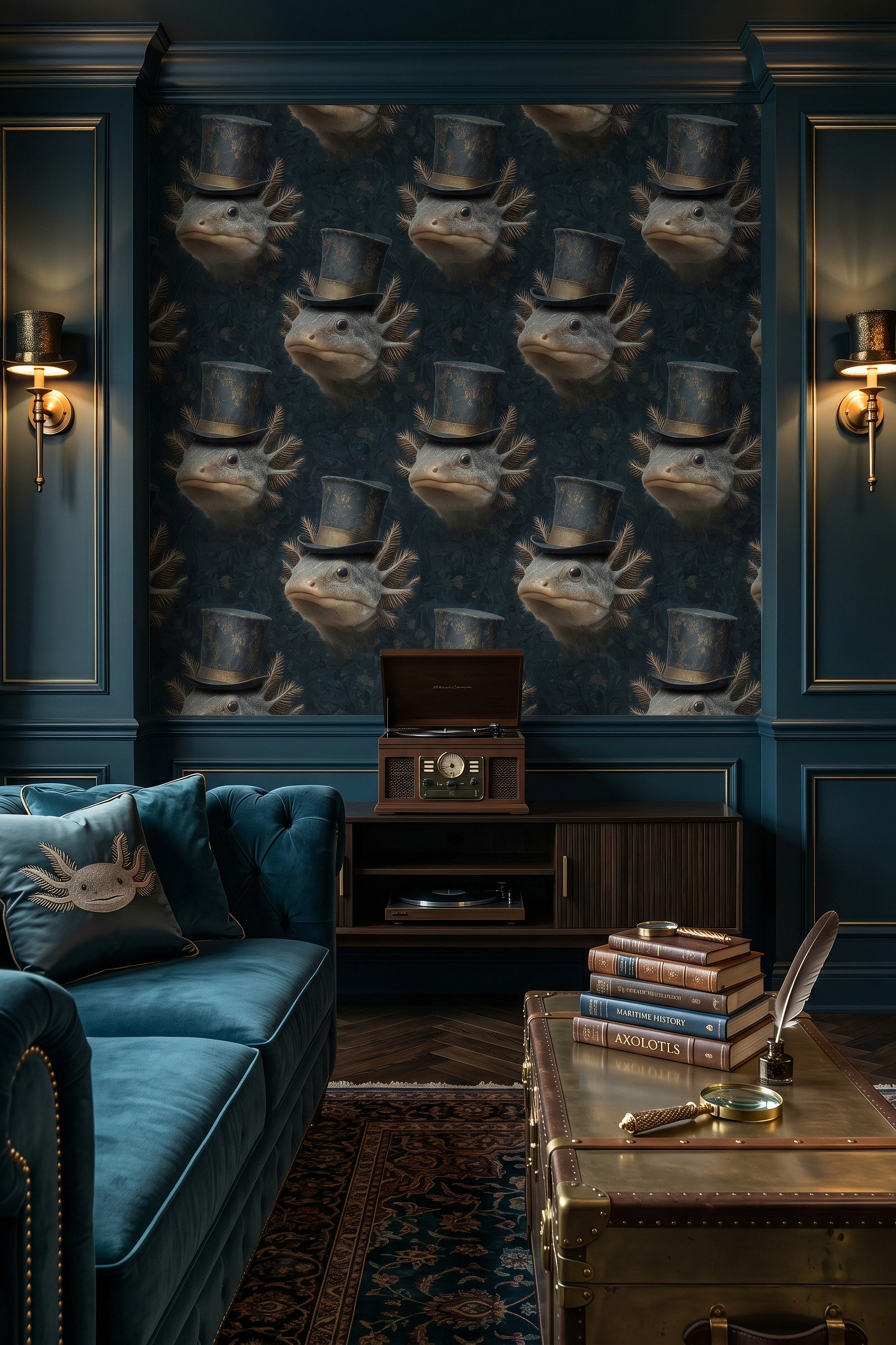 Dapper Axolotl wallpaper shown in a media room