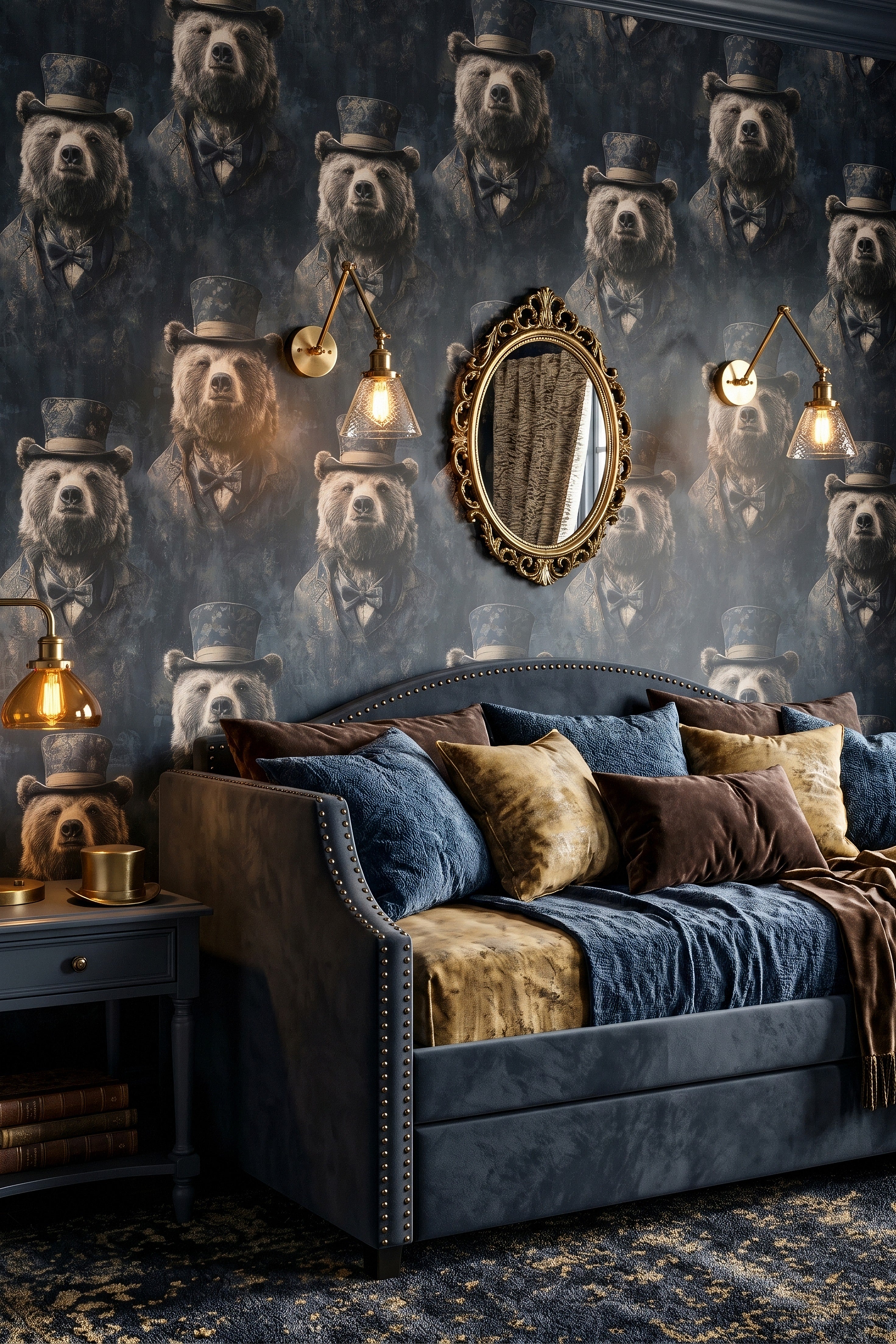 Dapper Bear wallpaper shown in a living room