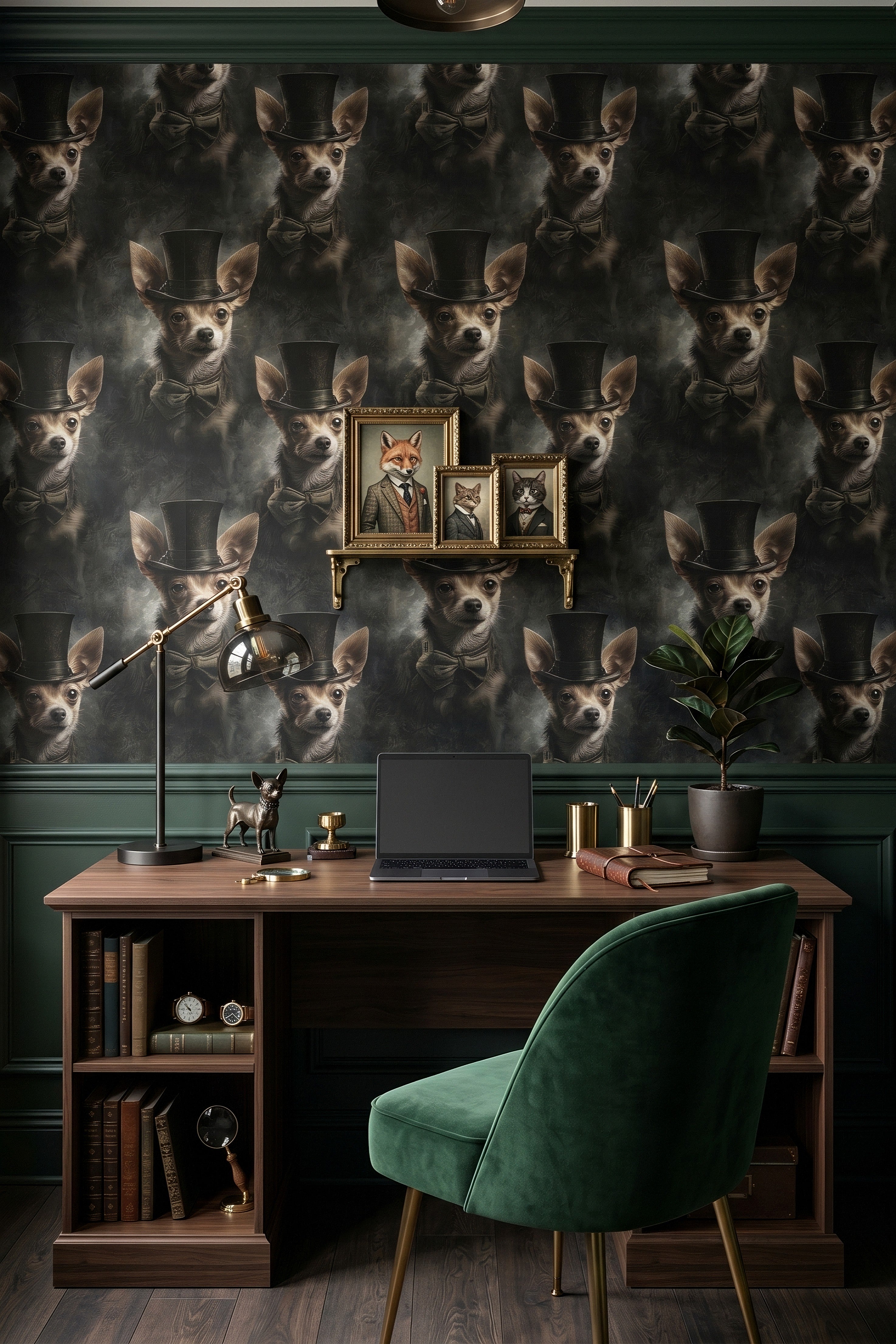 Dapper Chihuahua wallpaper shown in a home office