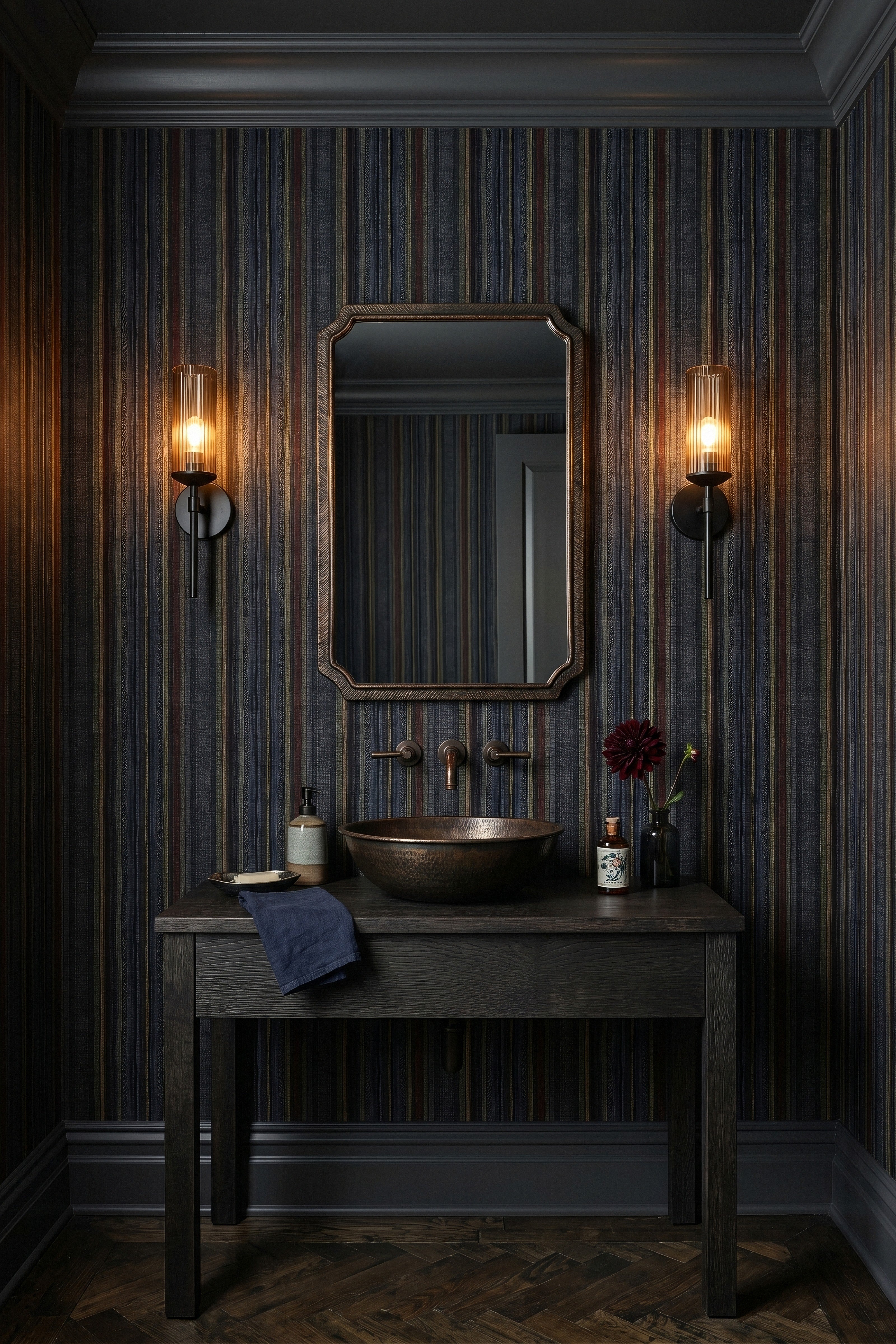 Harvest Stripe wallpaper shown in a powder room