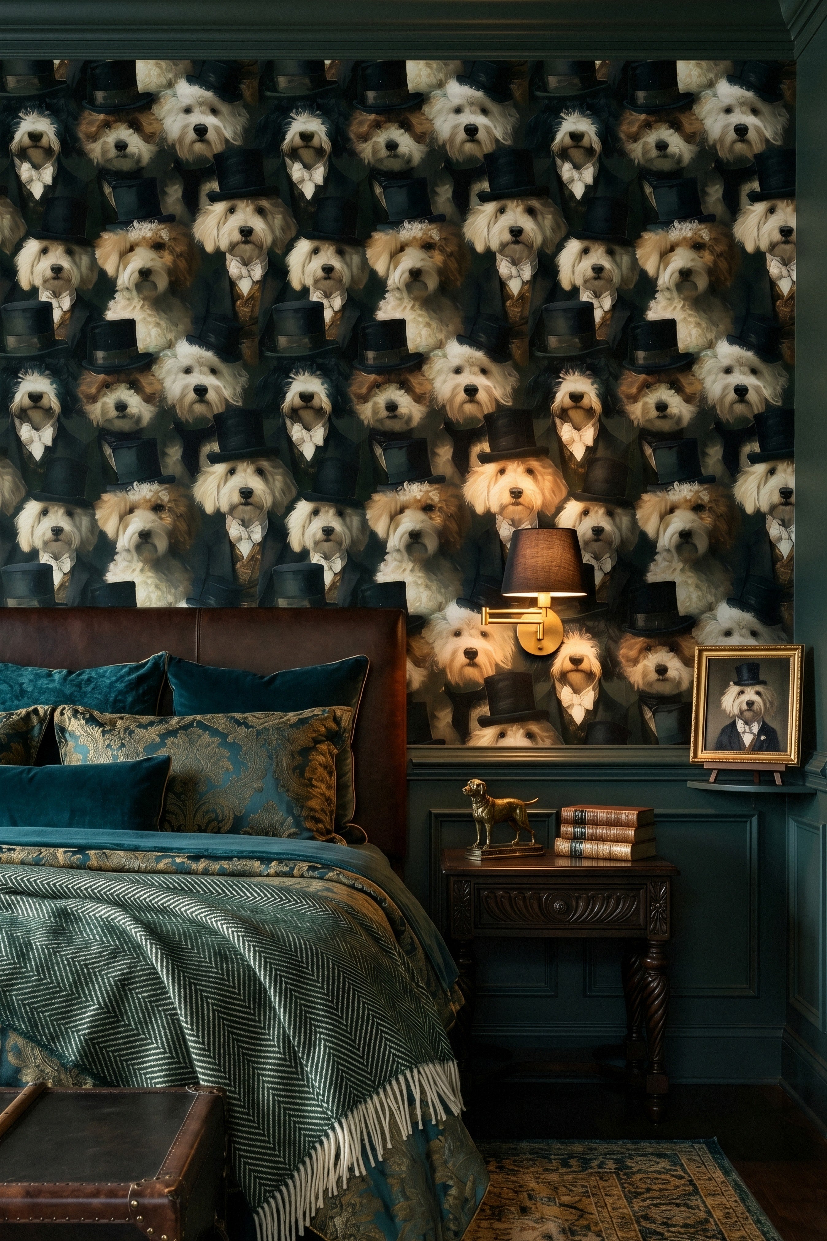Dapper Dogs wallpaper shown in a bedroom