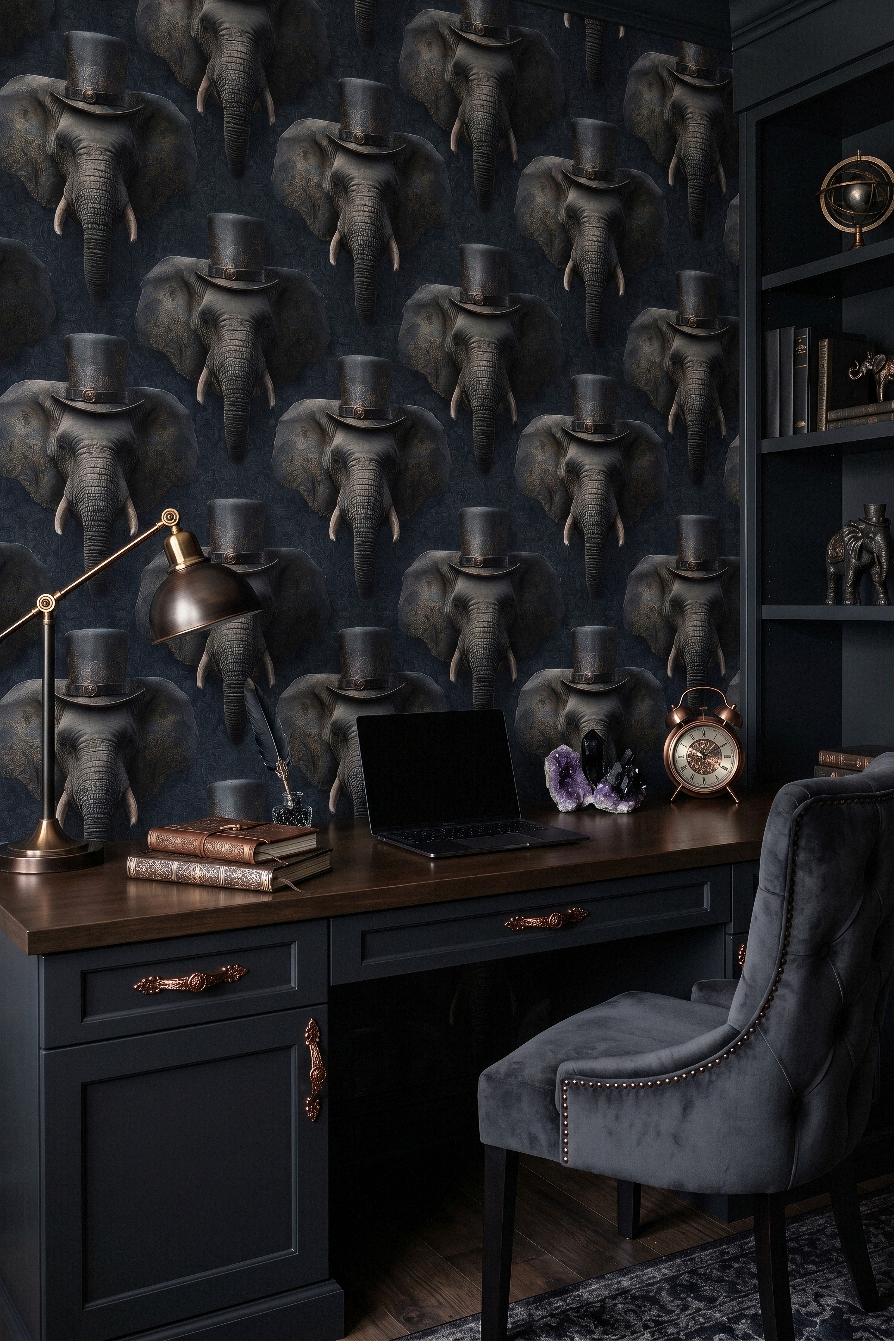 Dapper Elephant wallpaper shown in a home office
