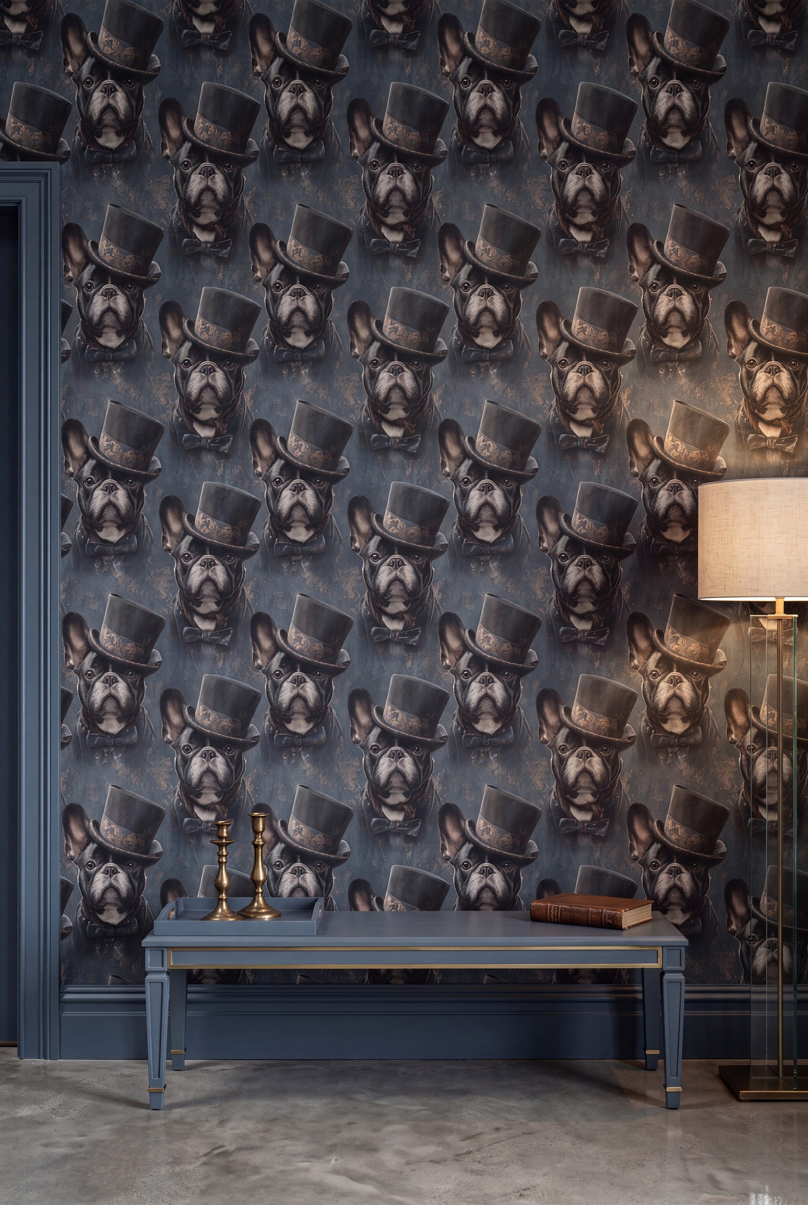 Monsieur Wrinkles wallpaper shown on an accent wall
