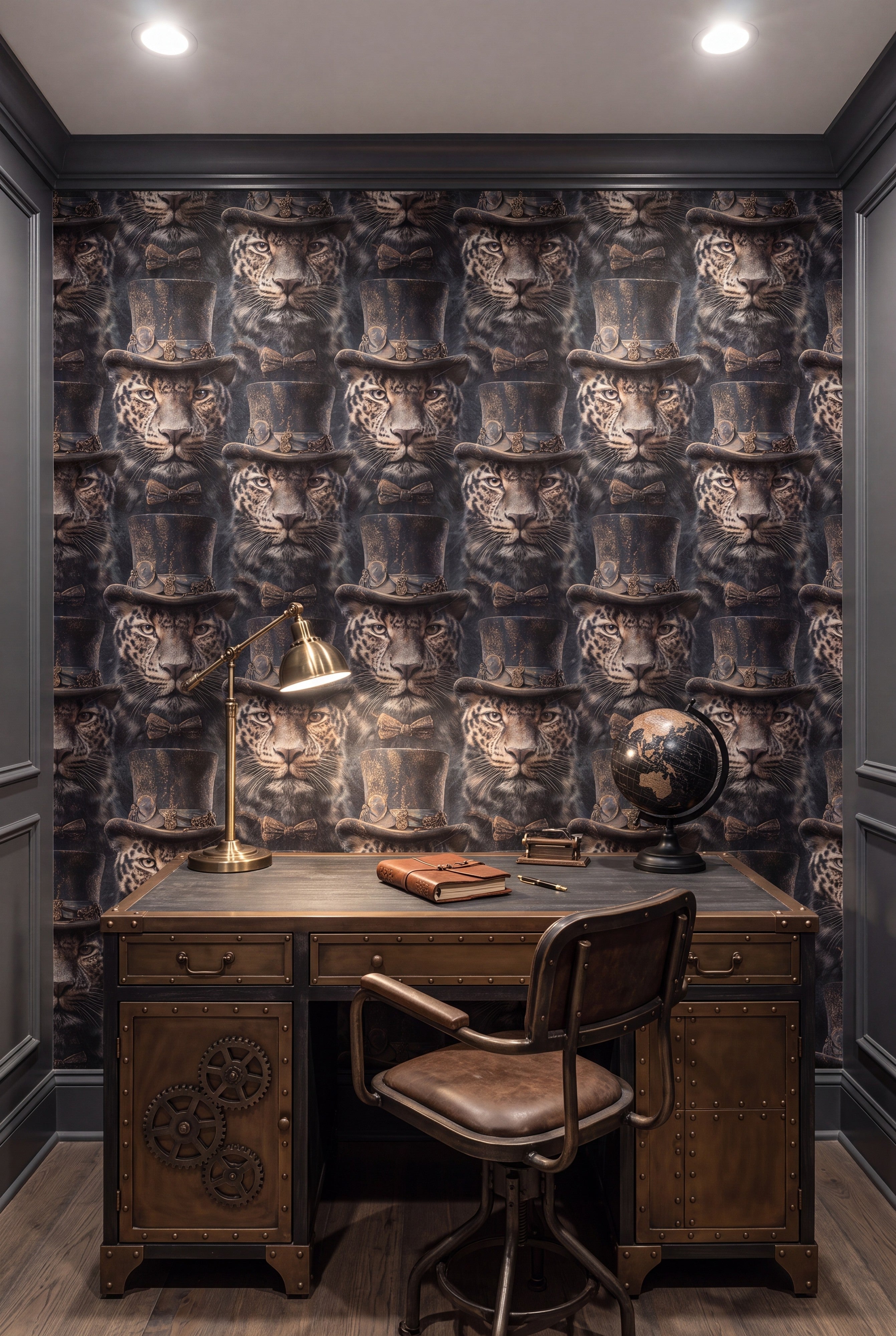 Rosette Royal wallpaper shown in a home office