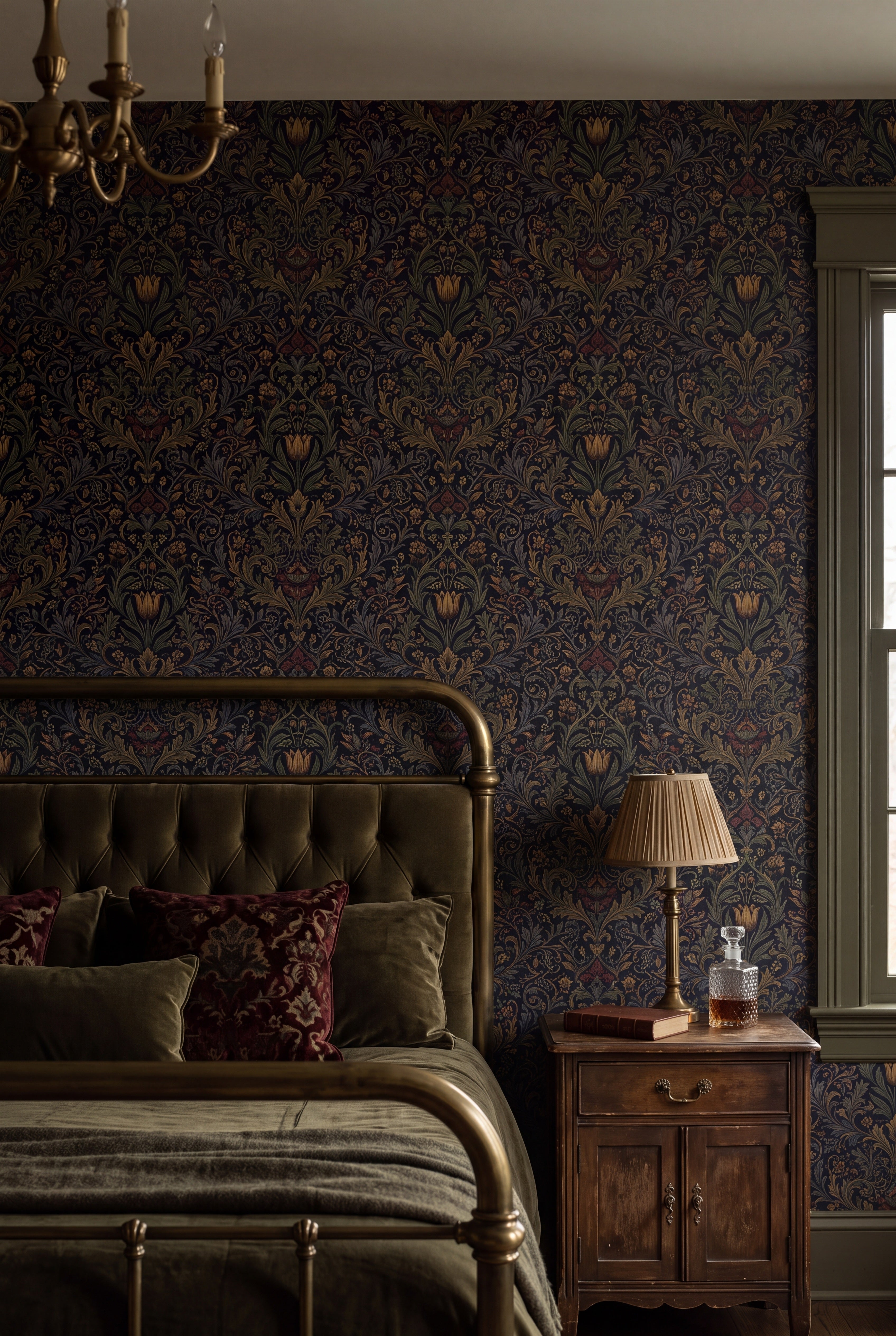 Gilded Tulip wallpaper shown in a bedroom