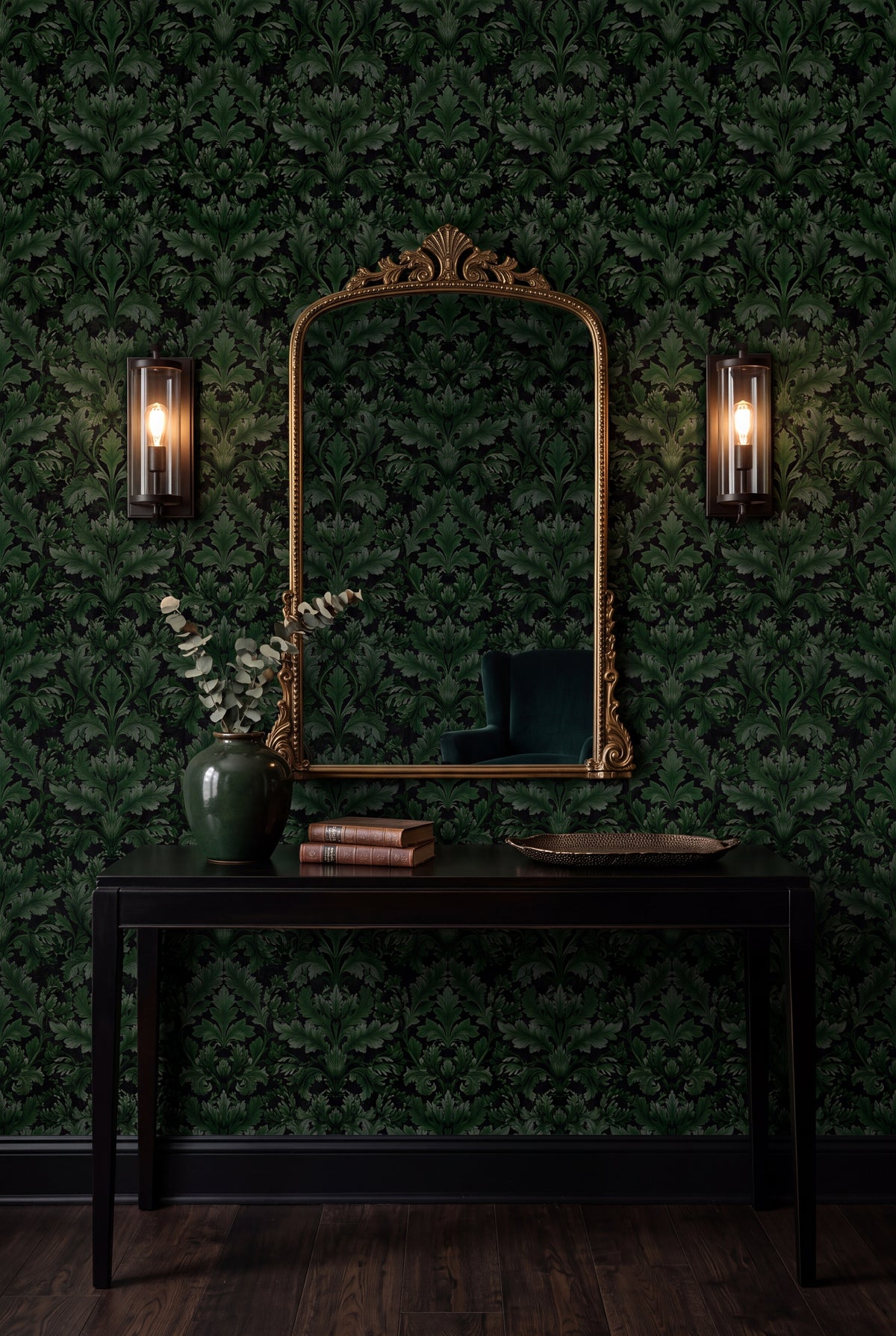 Emerald Acanthus wallpaper shown in an accent wall
