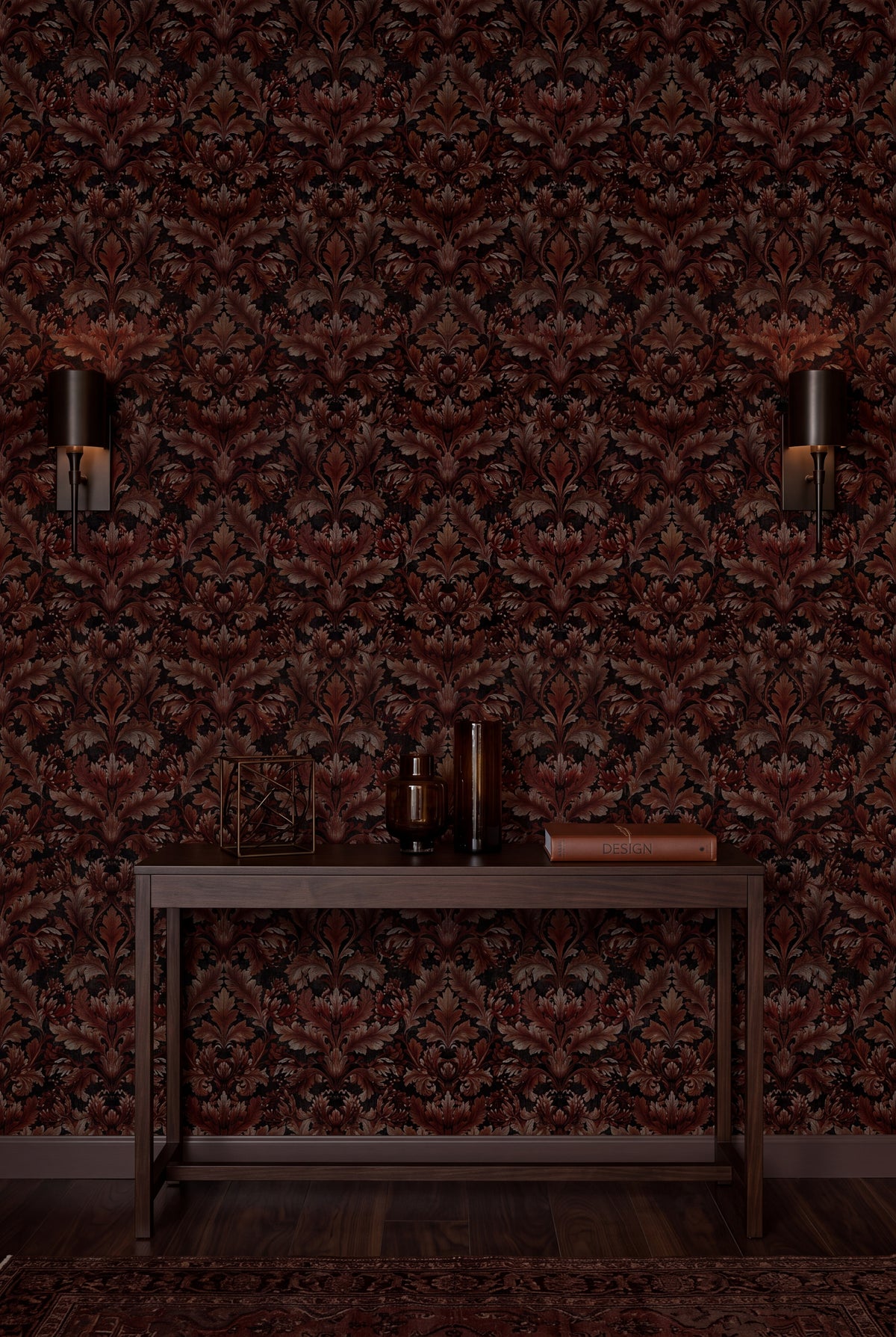 Oxblood Acanthus wallpaper shown in an accent wall