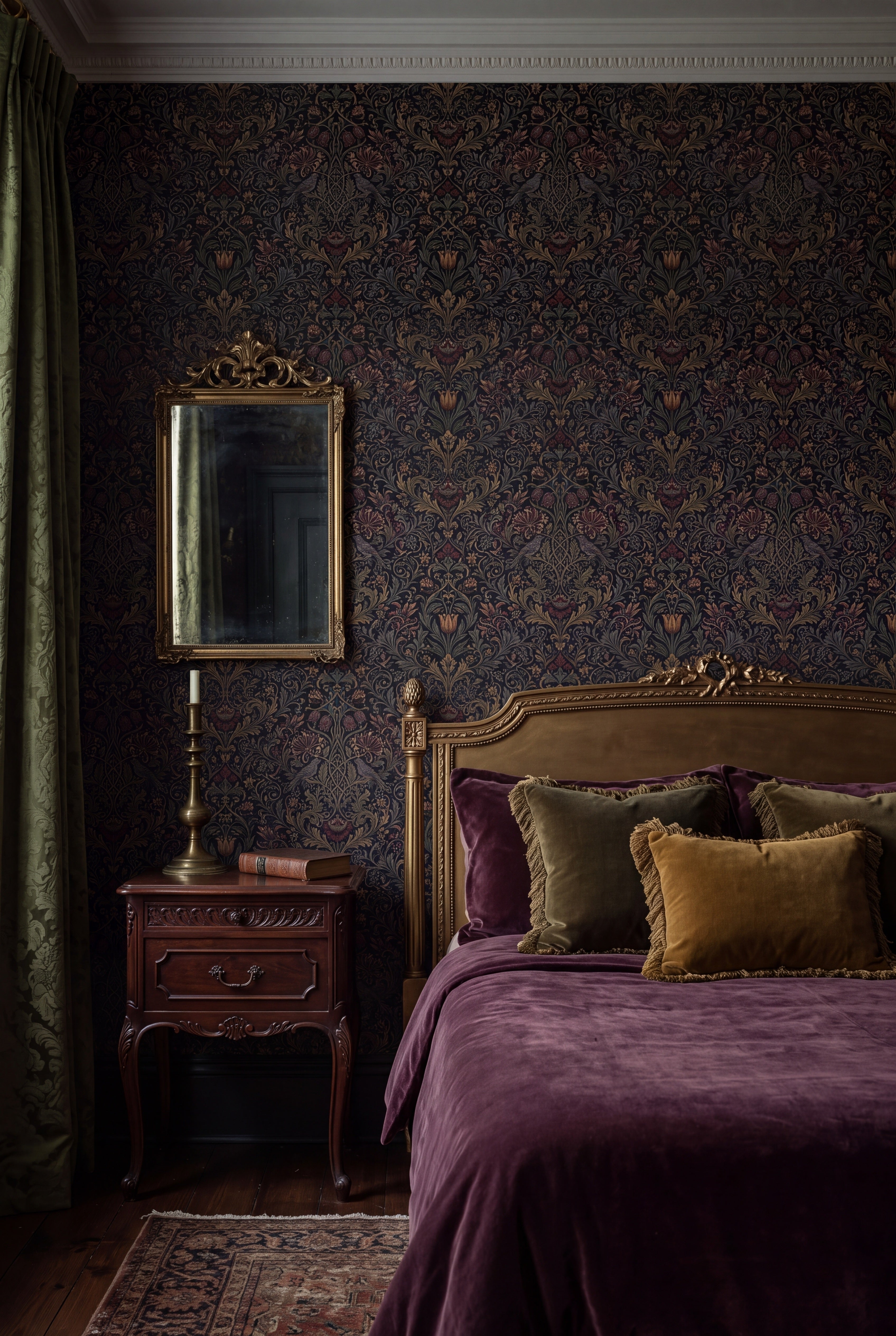 Midnight Aviary wallpaper shown in a bedroom