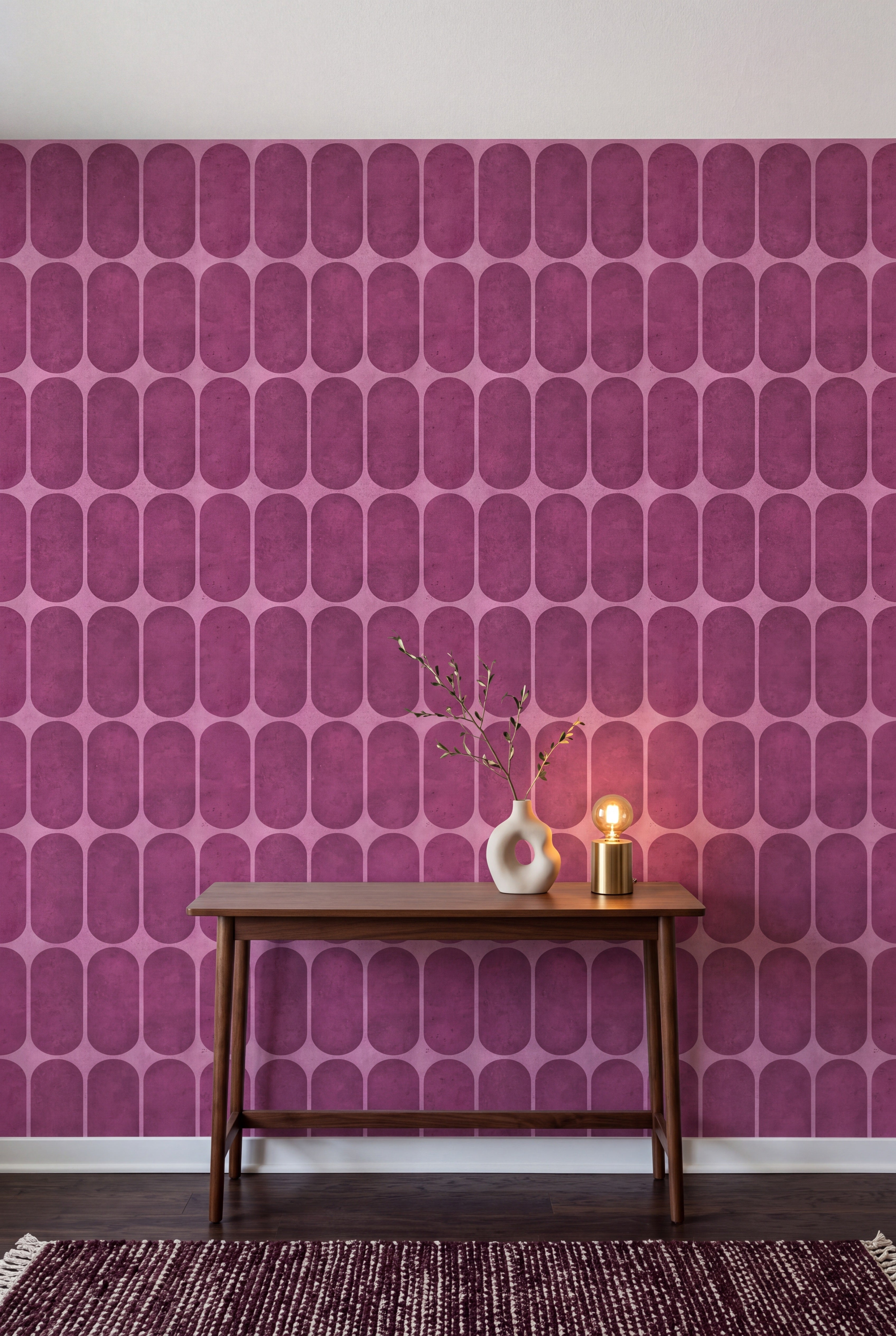 Orchid Arcade wallpaper shown in an accent wall