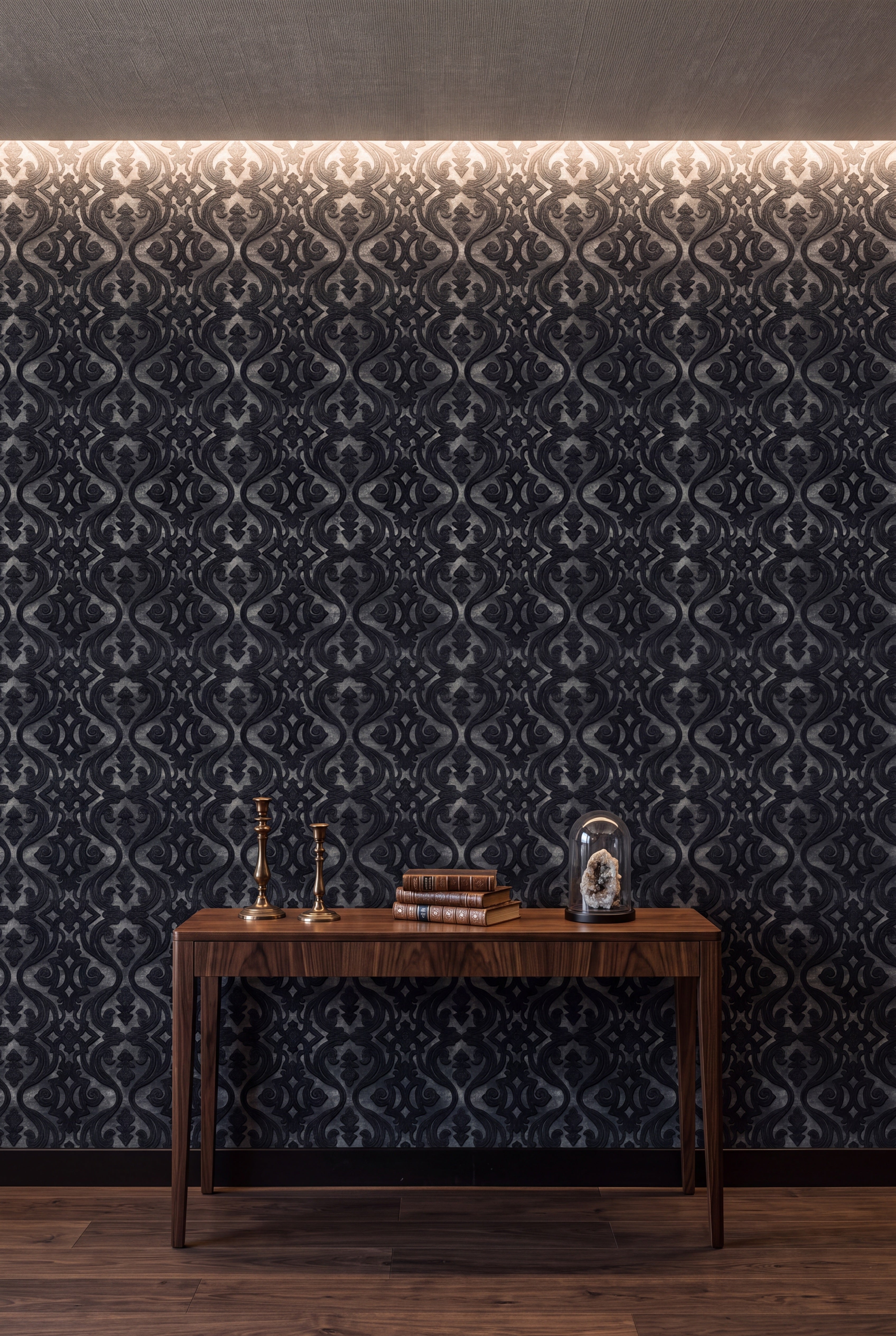 Onyx Scroll wallpaper shown in an accent wall