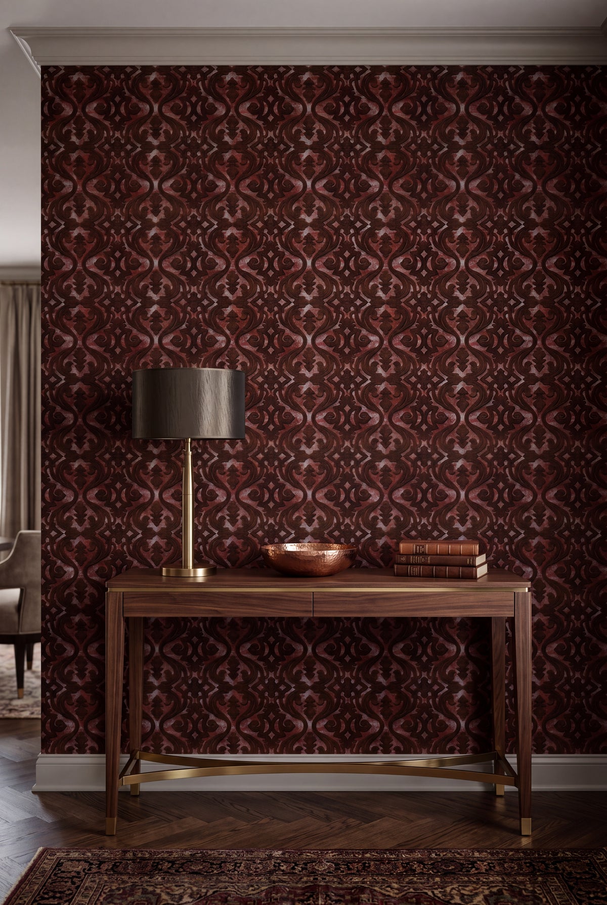 Garnet Scroll wallpaper shown in an accent wall
