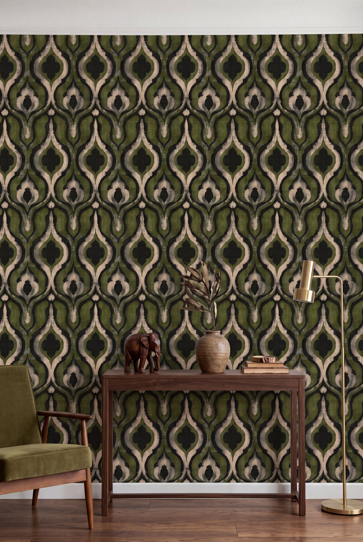 Moss Lantern wallpaper shown in an accent wall