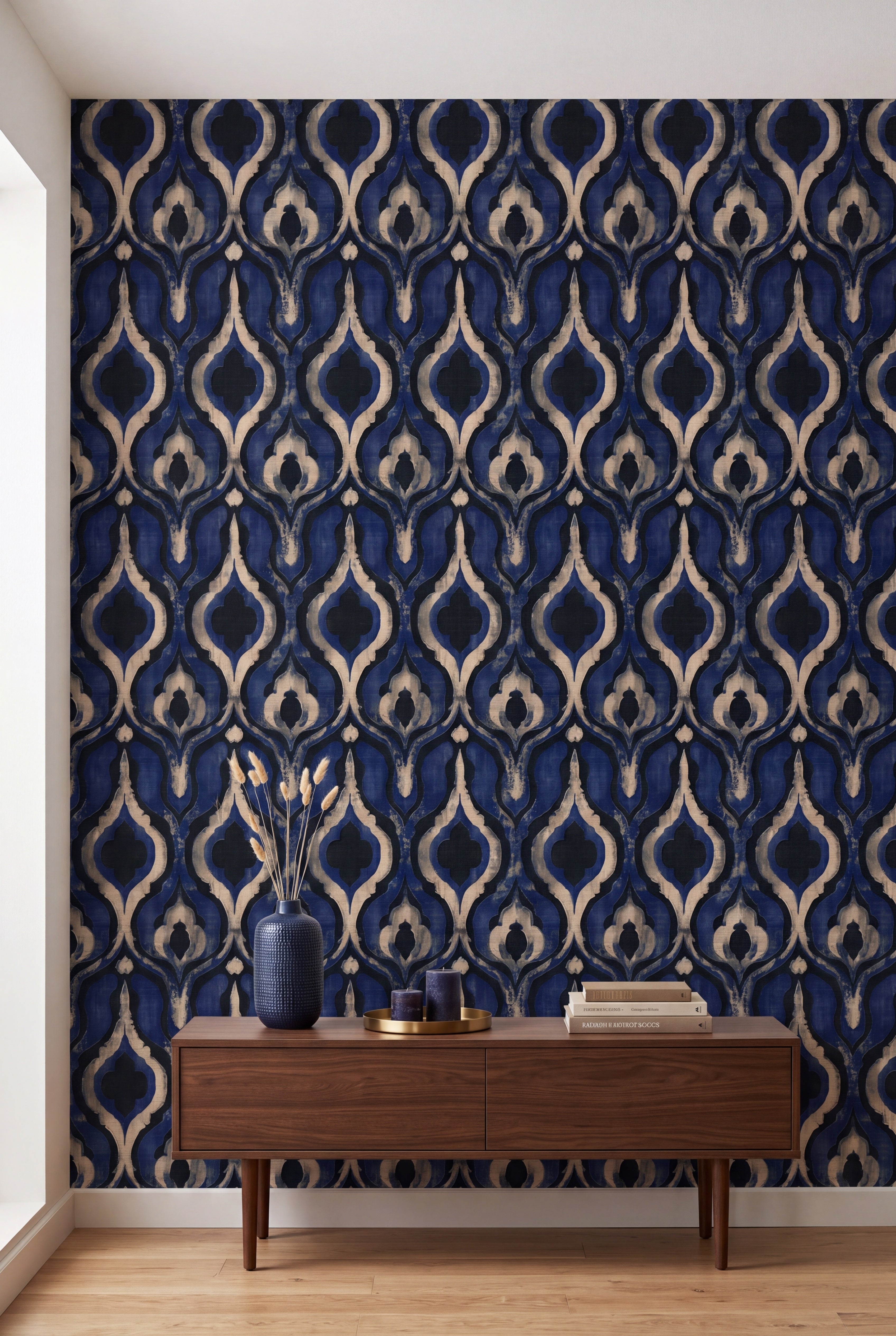 Cobalt Lantern wallpaper shown in an accent wall