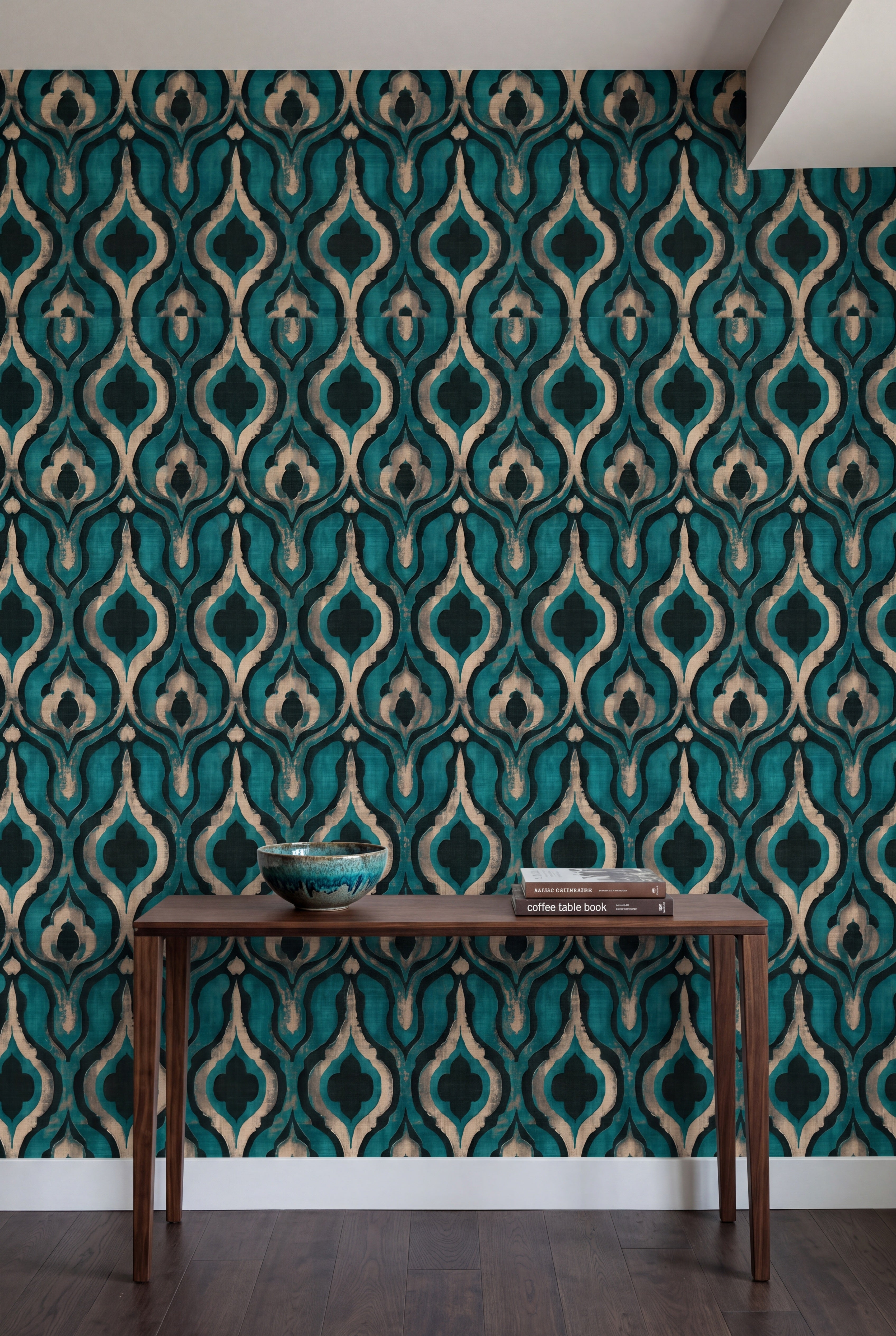 Teal Lantern wallpaper shown in an accent wall