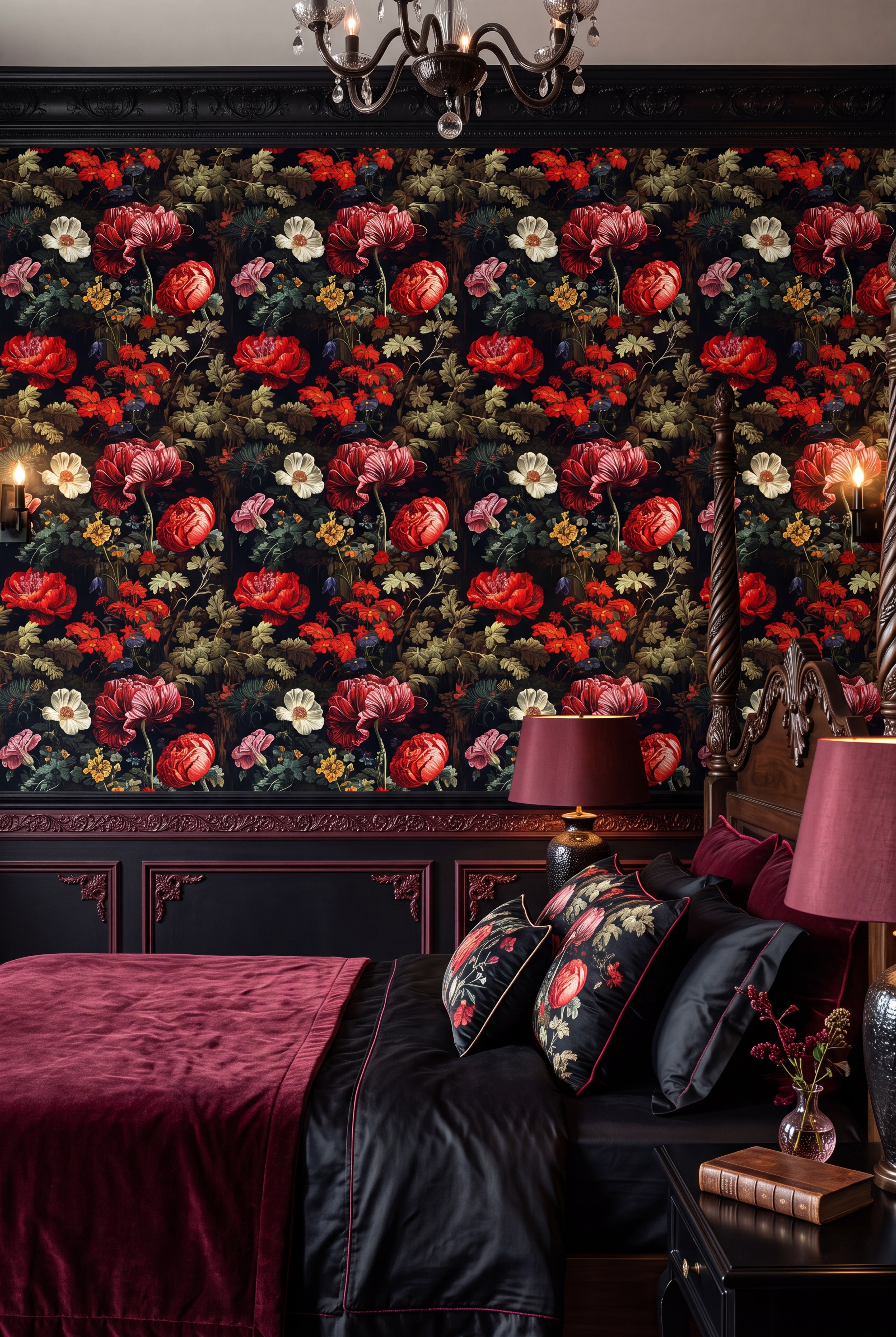 Nightshade wallpaper shown in a bedroom
