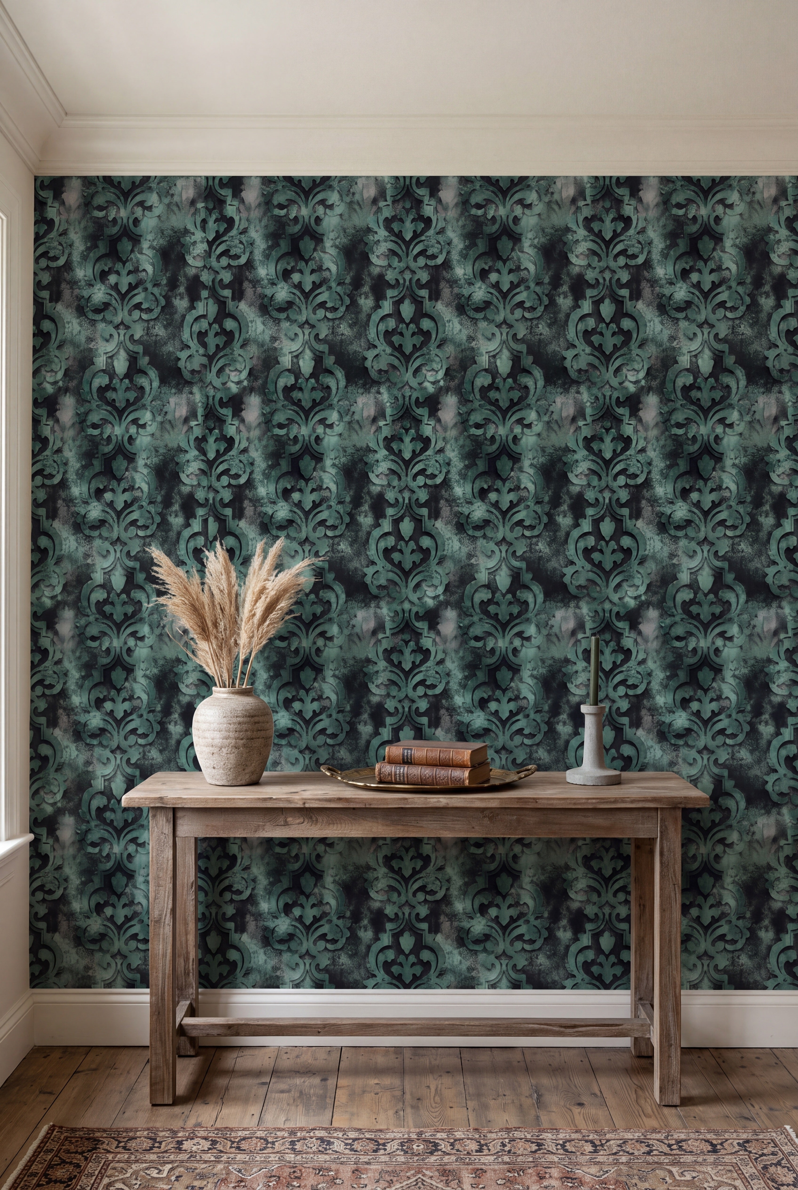 Seafoam Relic wallpaper shown in an accent wall
