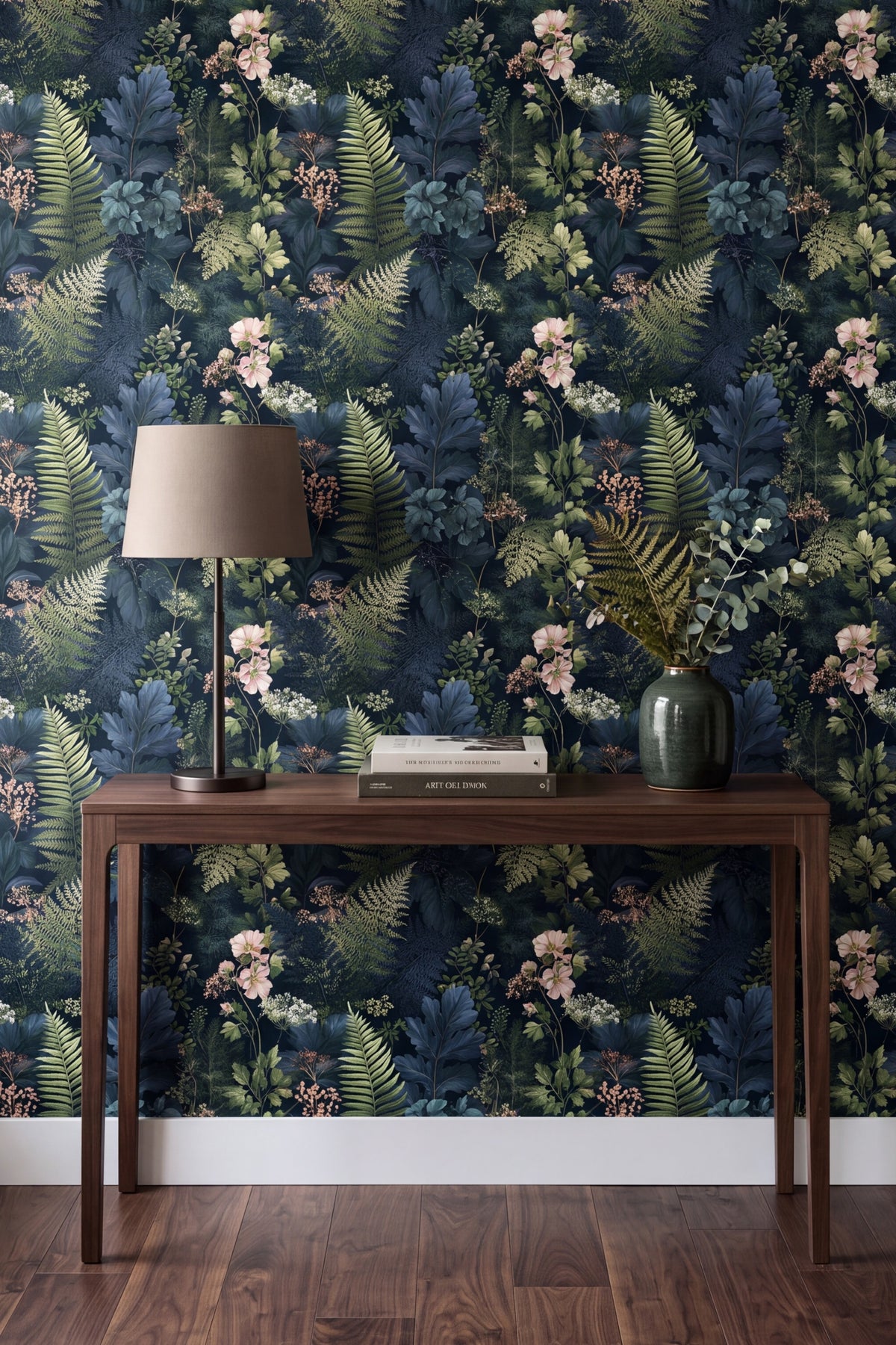 Evening Fernery wallpaper shown in an accent wall
