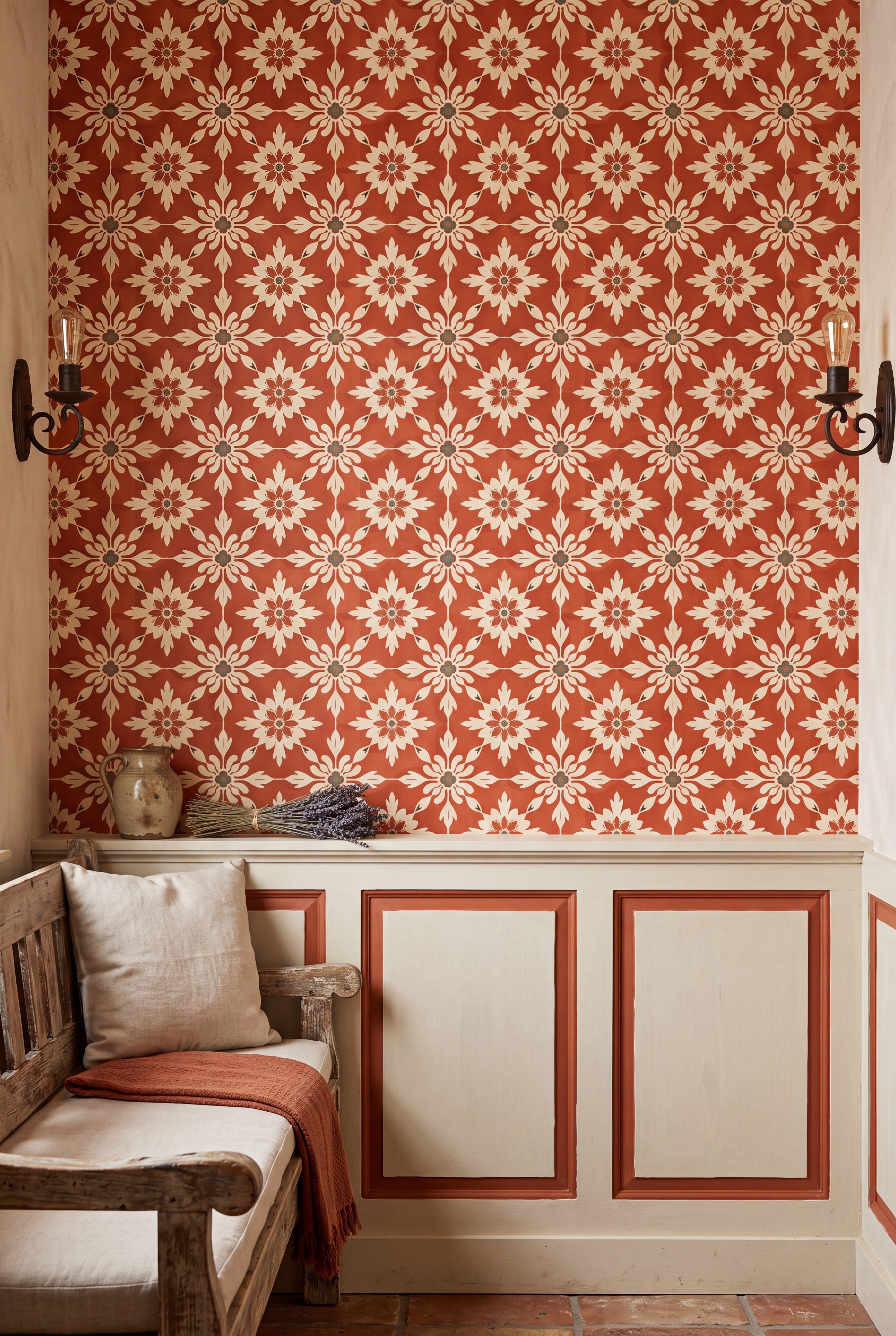 Terra Folk wallpaper shown in a cozy nook