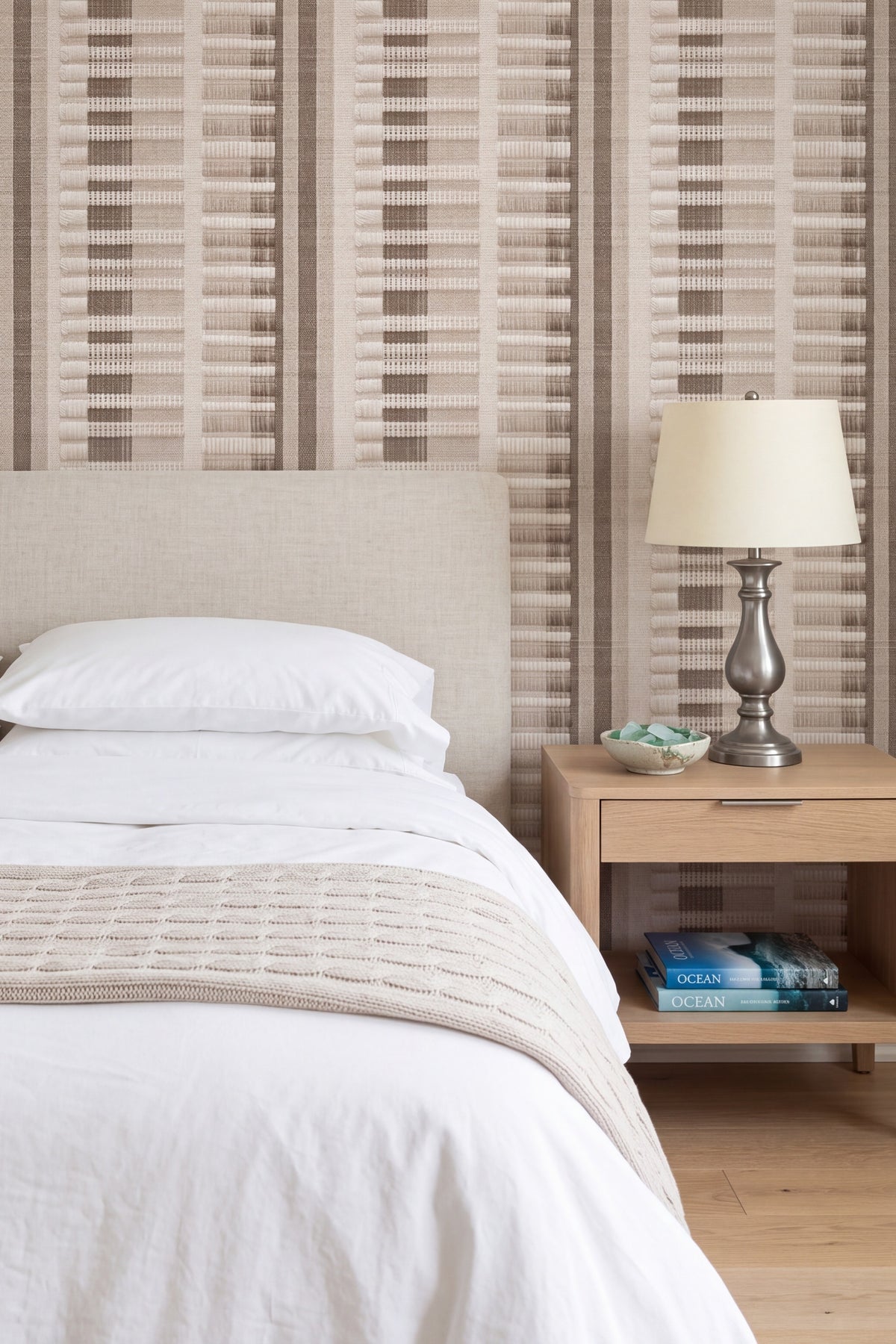 Linen Weave wallpaper shown in a bedroom