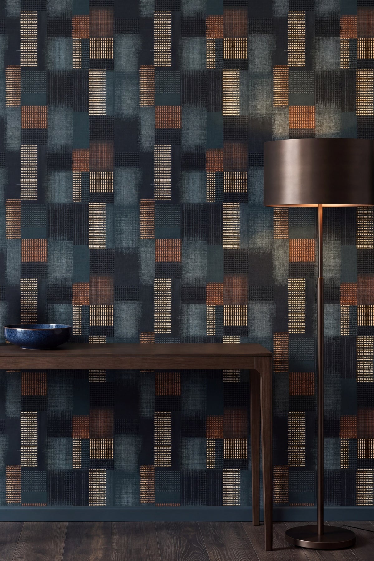 Lantern Plaid wallpaper shown in an accent wall