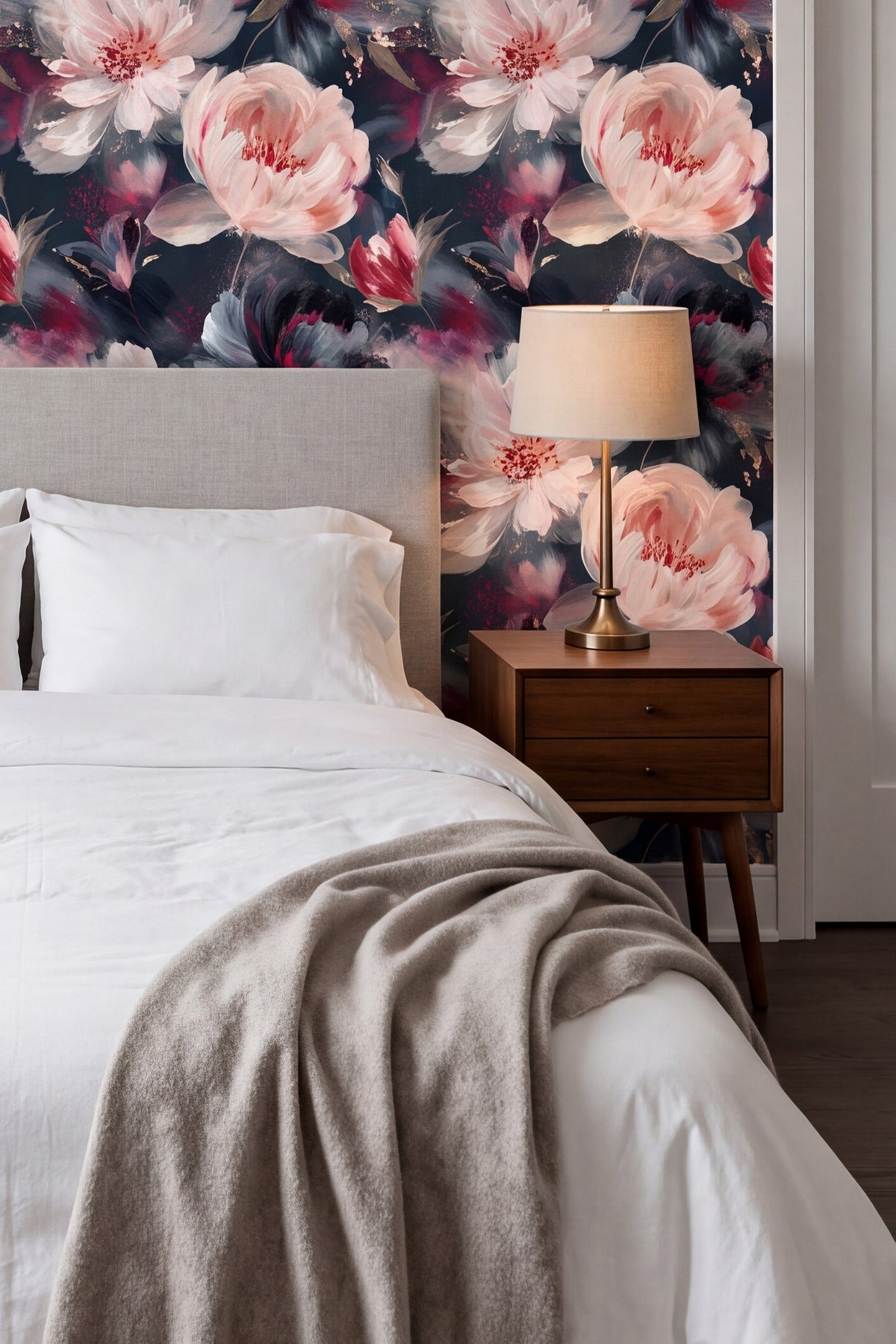 Moonlit Peony wallpaper shown in a bedroom