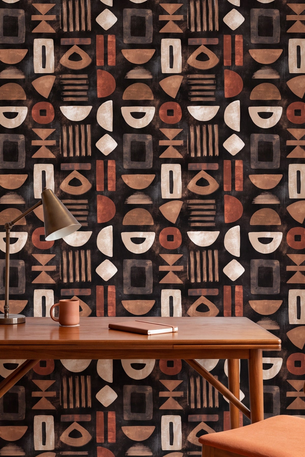 Ember Glyph wallpaper shown in a home office
