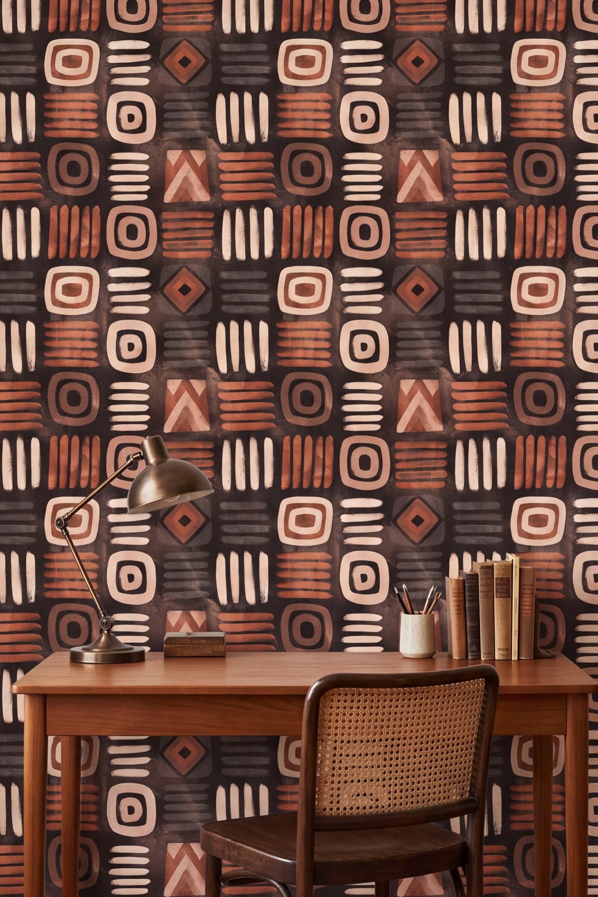 Clay Codex wallpaper shown in a home office