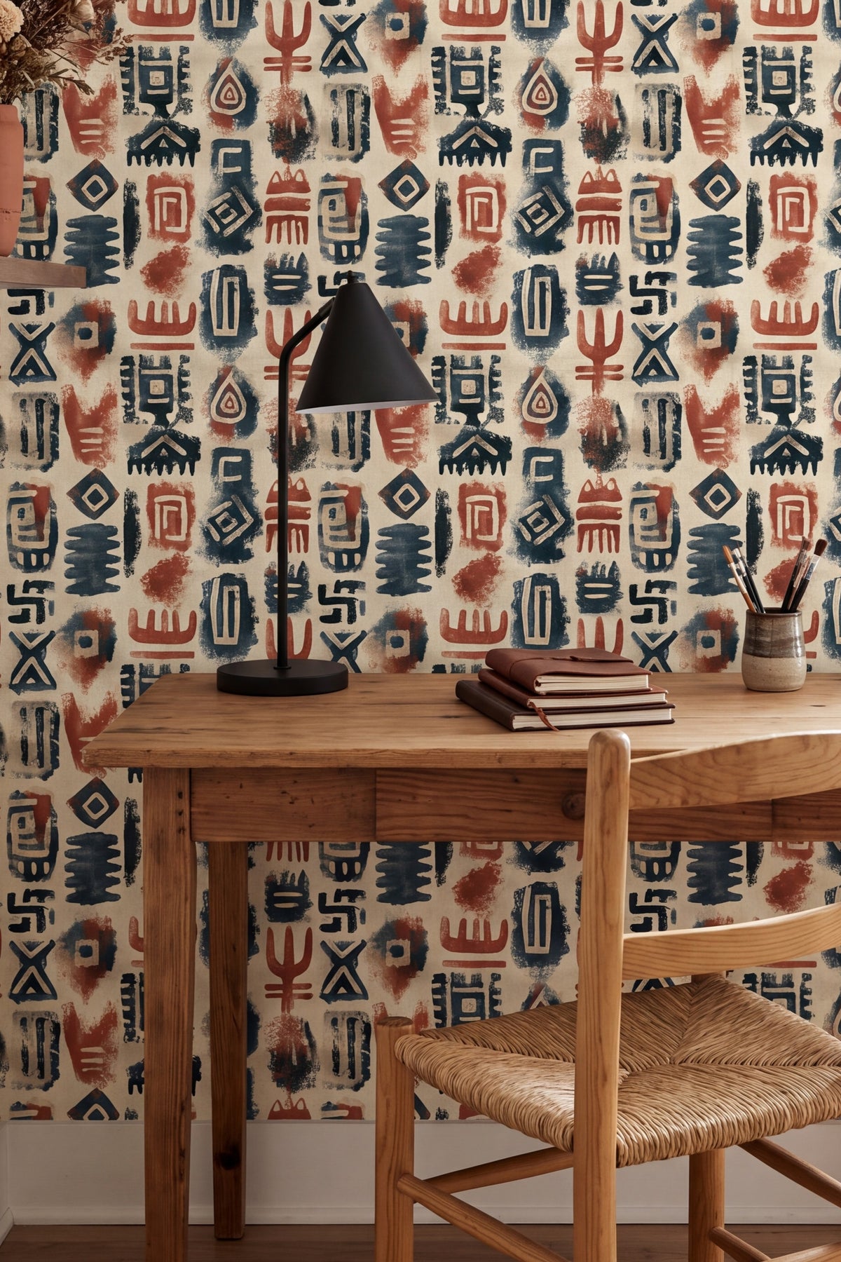 Storyteller wallpaper shown in a home office