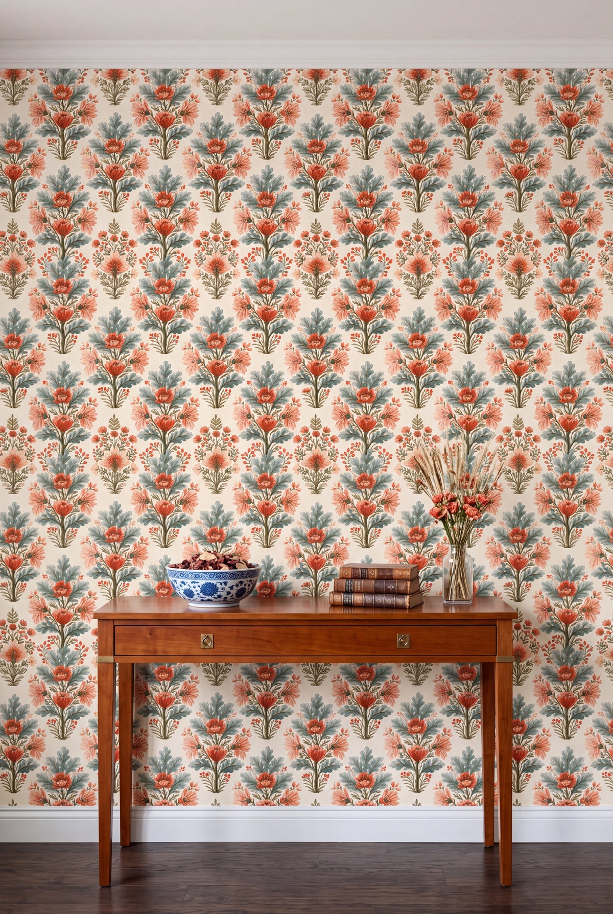Coral Sprig wallpaper shown in an accent wall