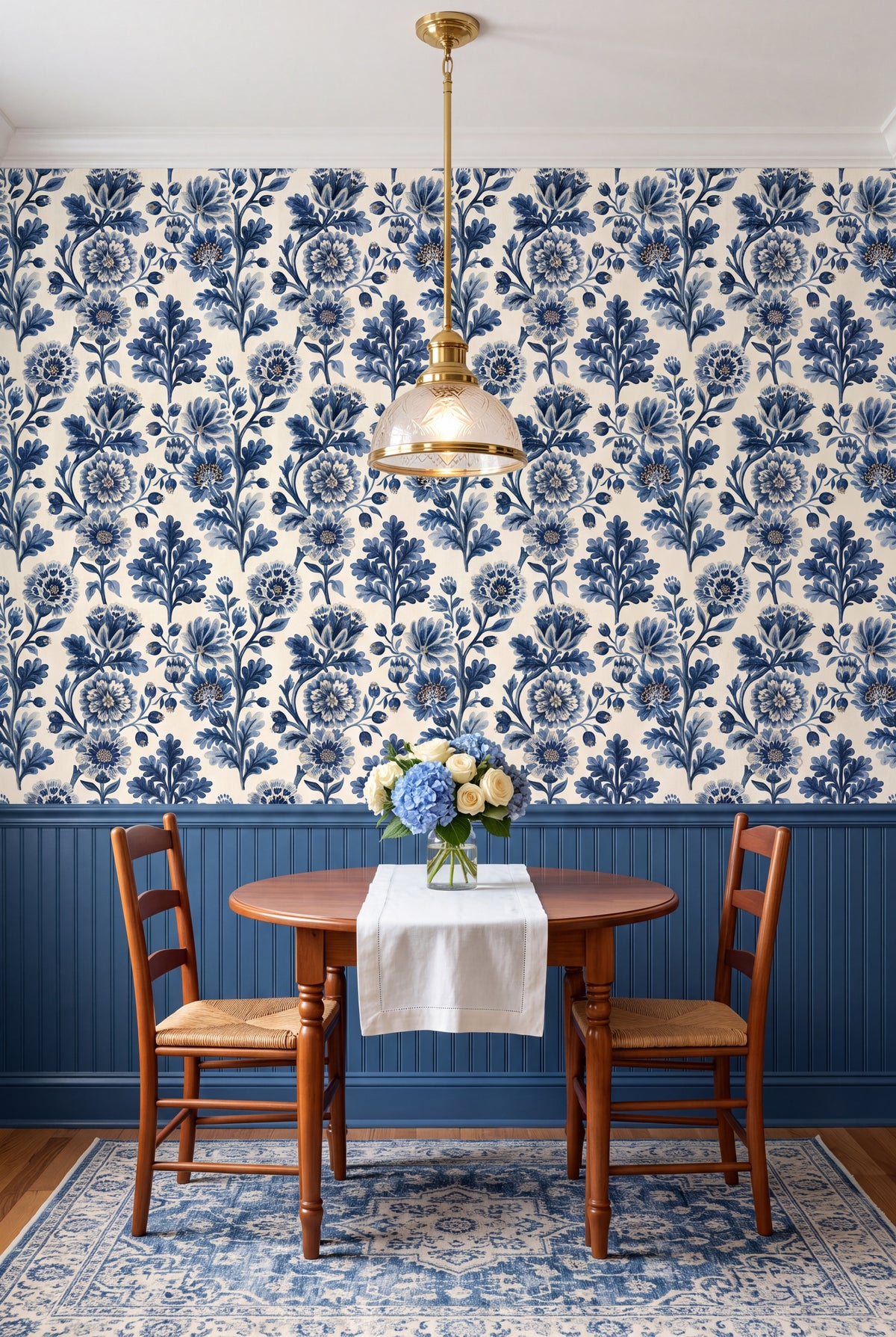 Porcelain Blue wallpaper shown in a kitchen breakfast nook
