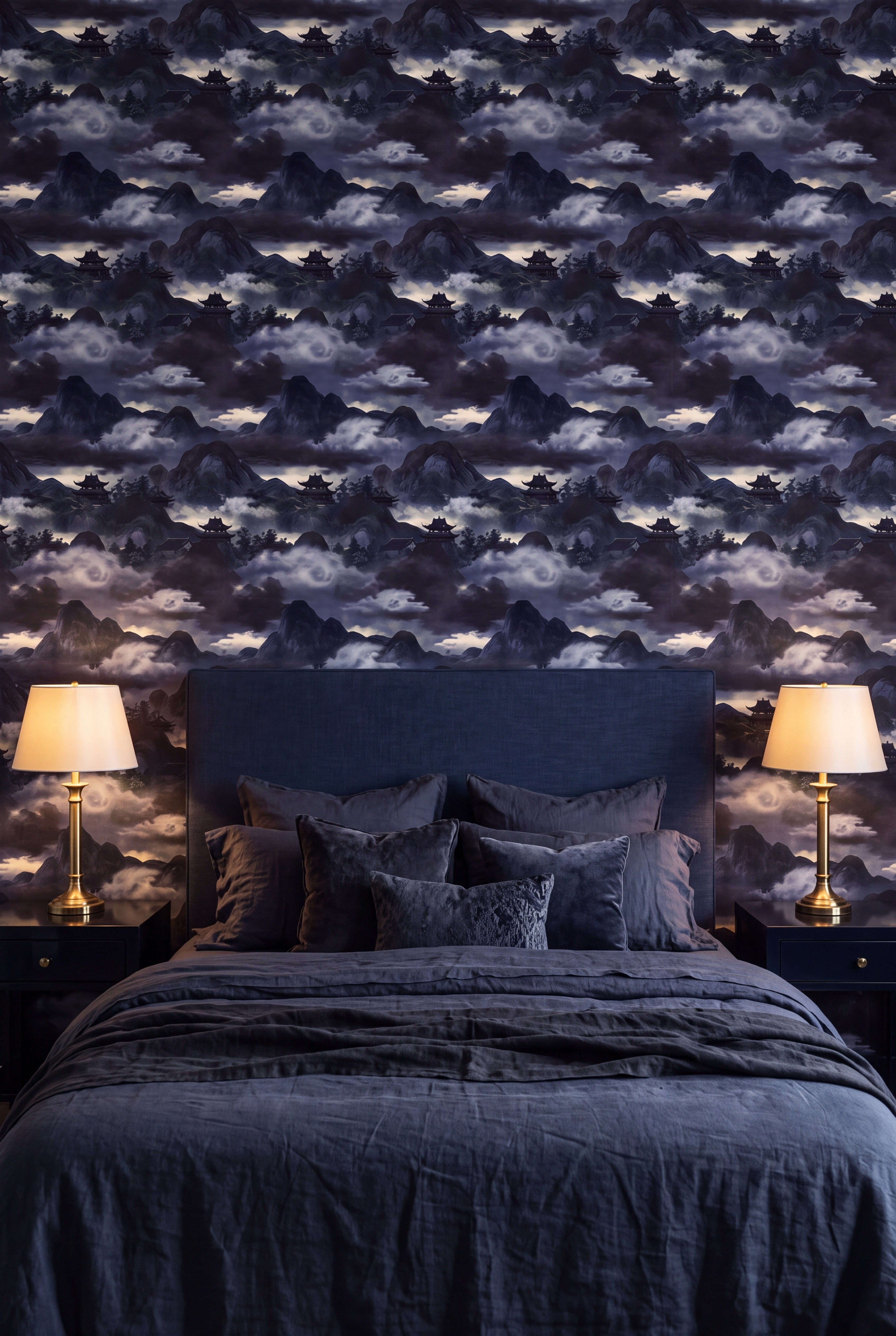 Indigo Pagoda wallpaper shown in a bedroom