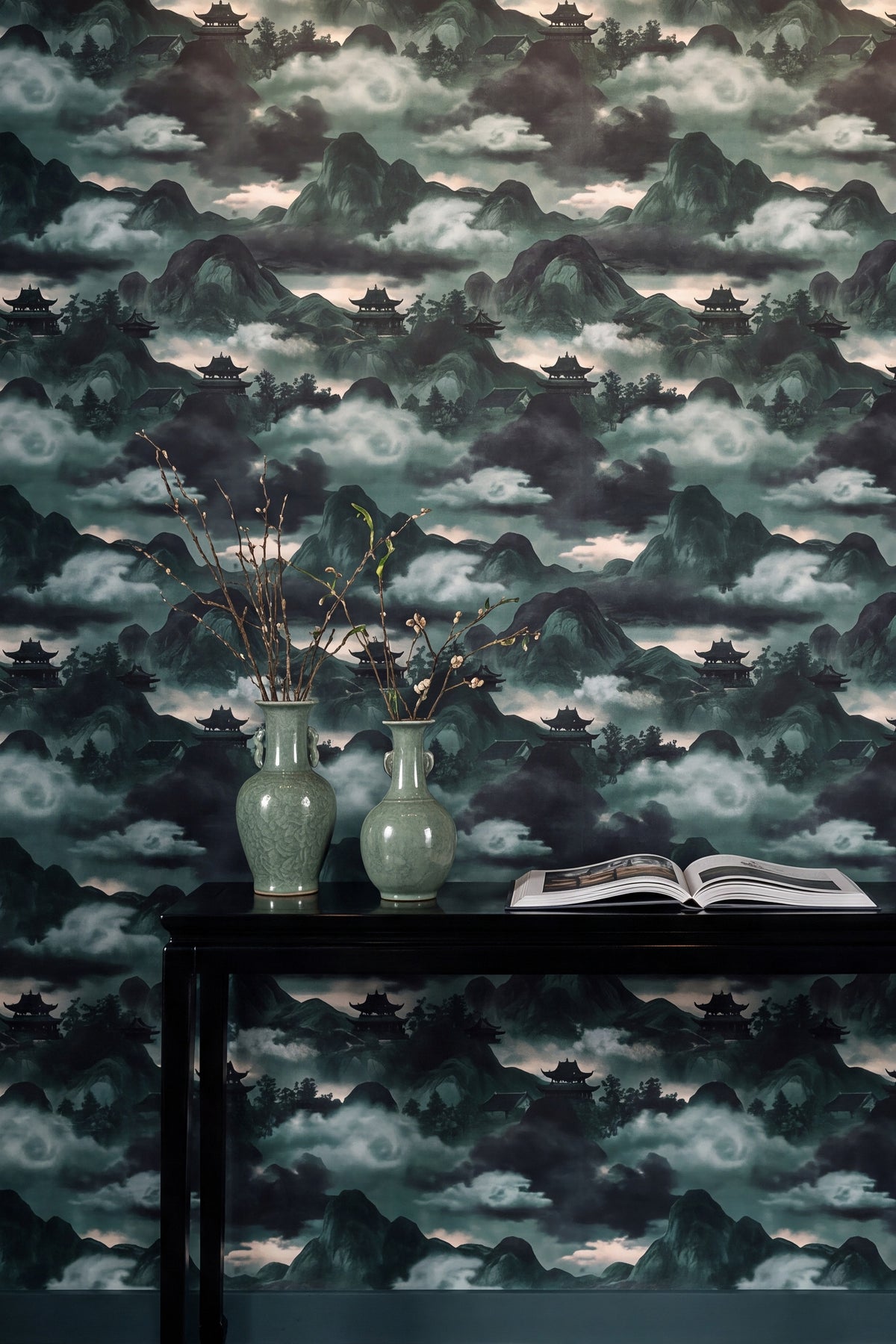 Jade Pagoda wallpaper shown in an accent wall