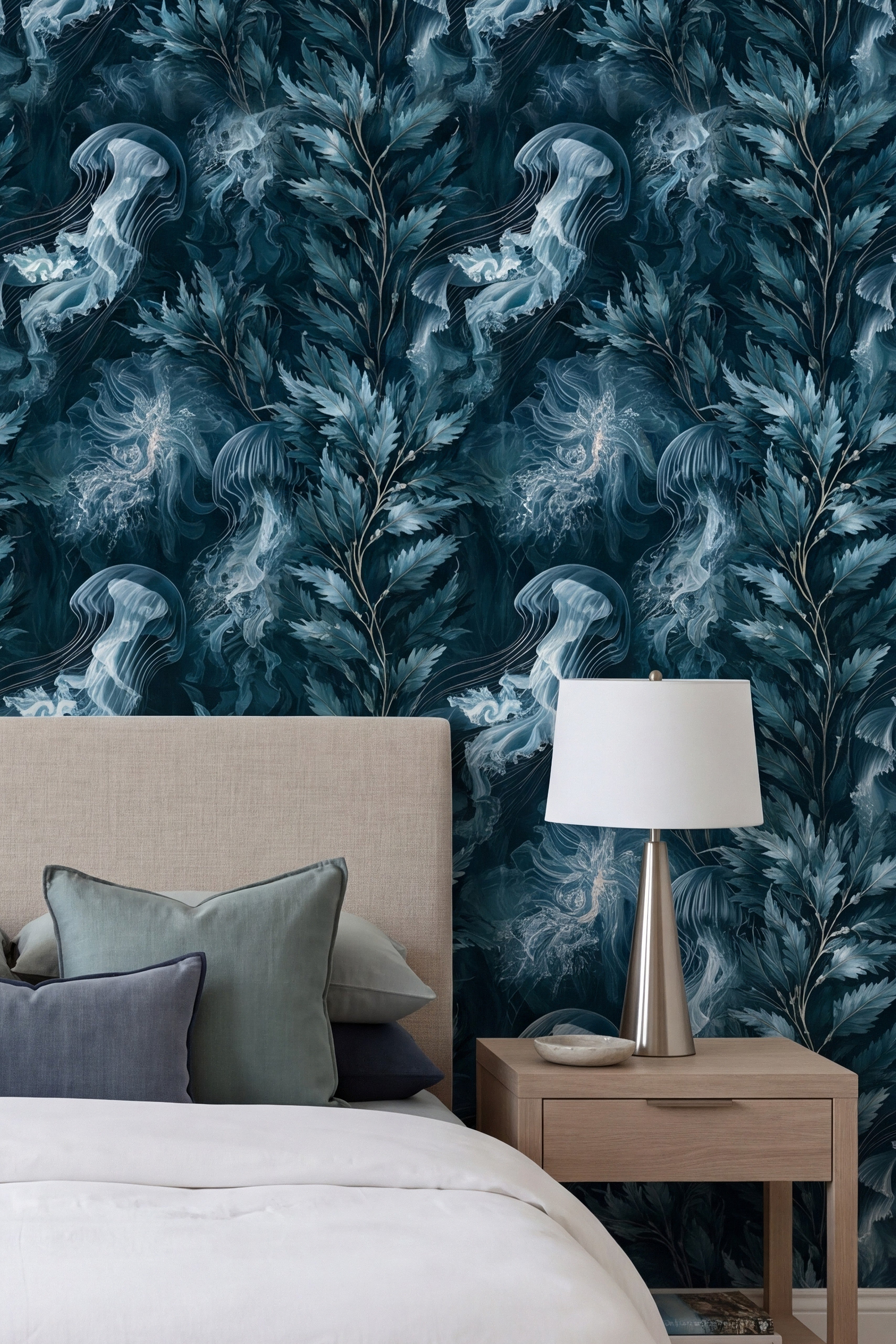 Kelp Cathedral wallpaper shown in a bedroom