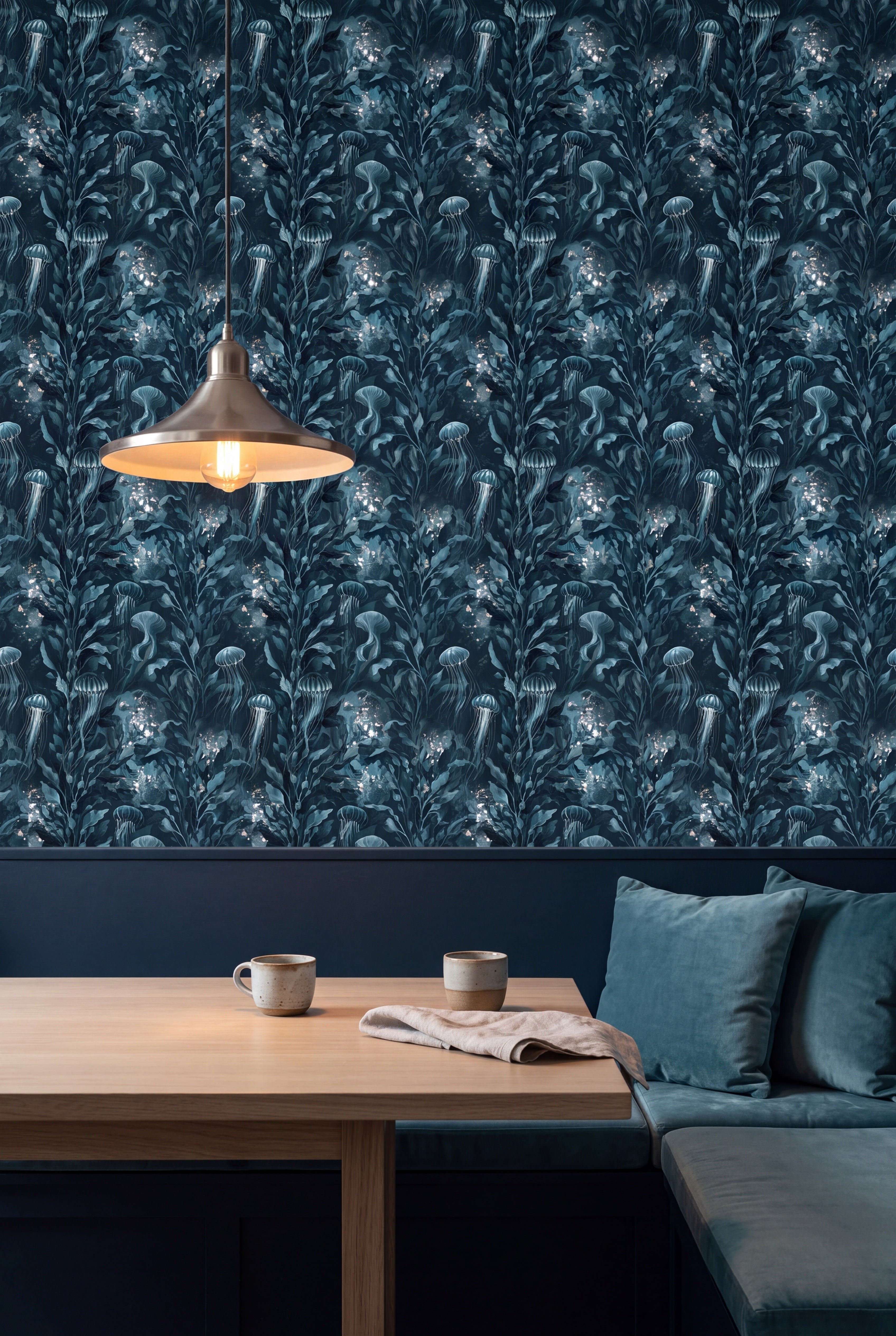 Moon Jelly wallpaper shown in a kitchen breakfast nook
