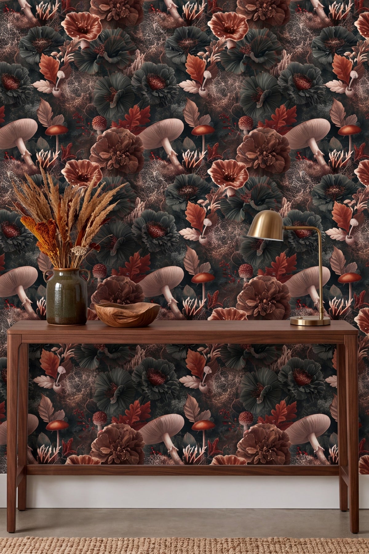 Ember Forage wallpaper shown in an accent wall