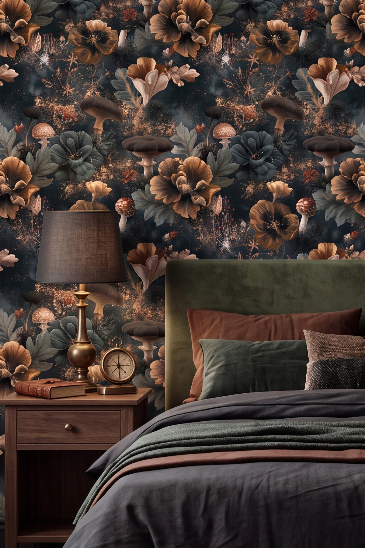 Golden Forage wallpaper shown in a bedroom