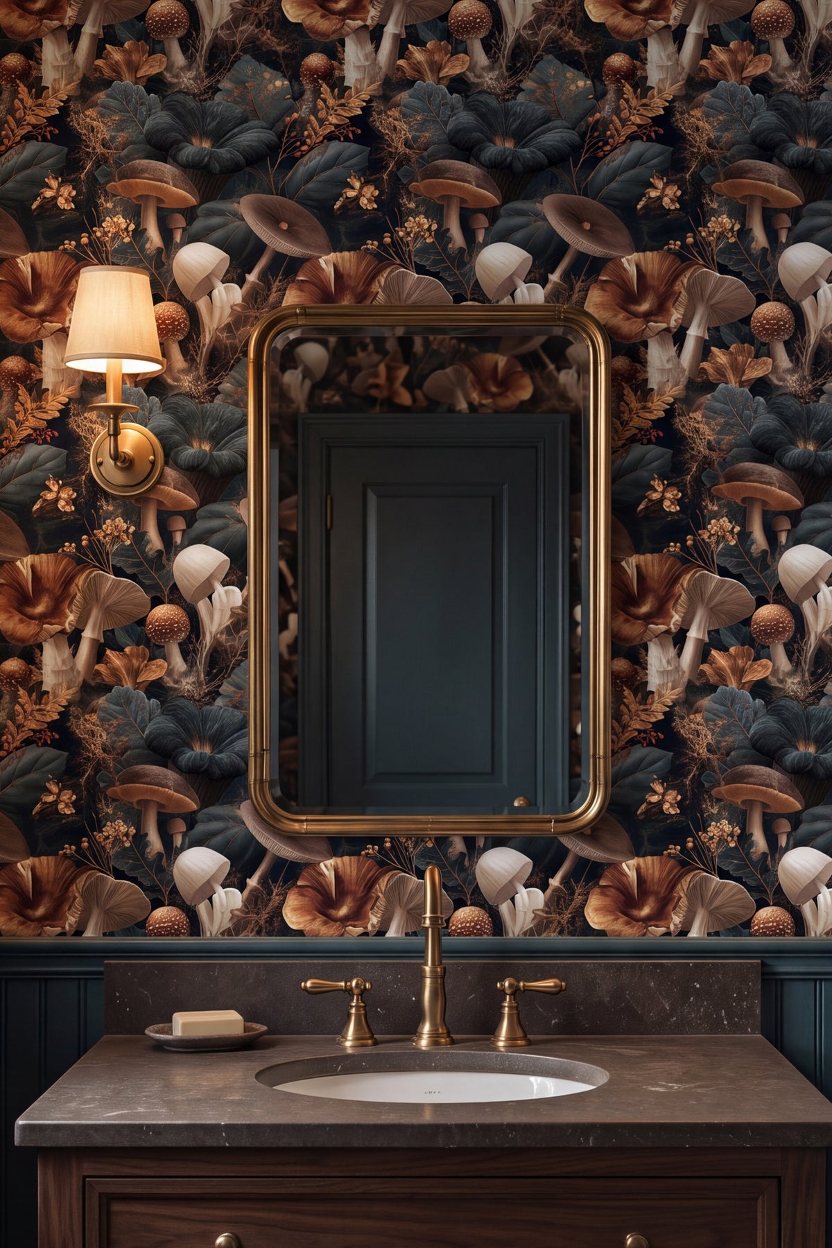 Parasol Grove wallpaper shown in a bathroom