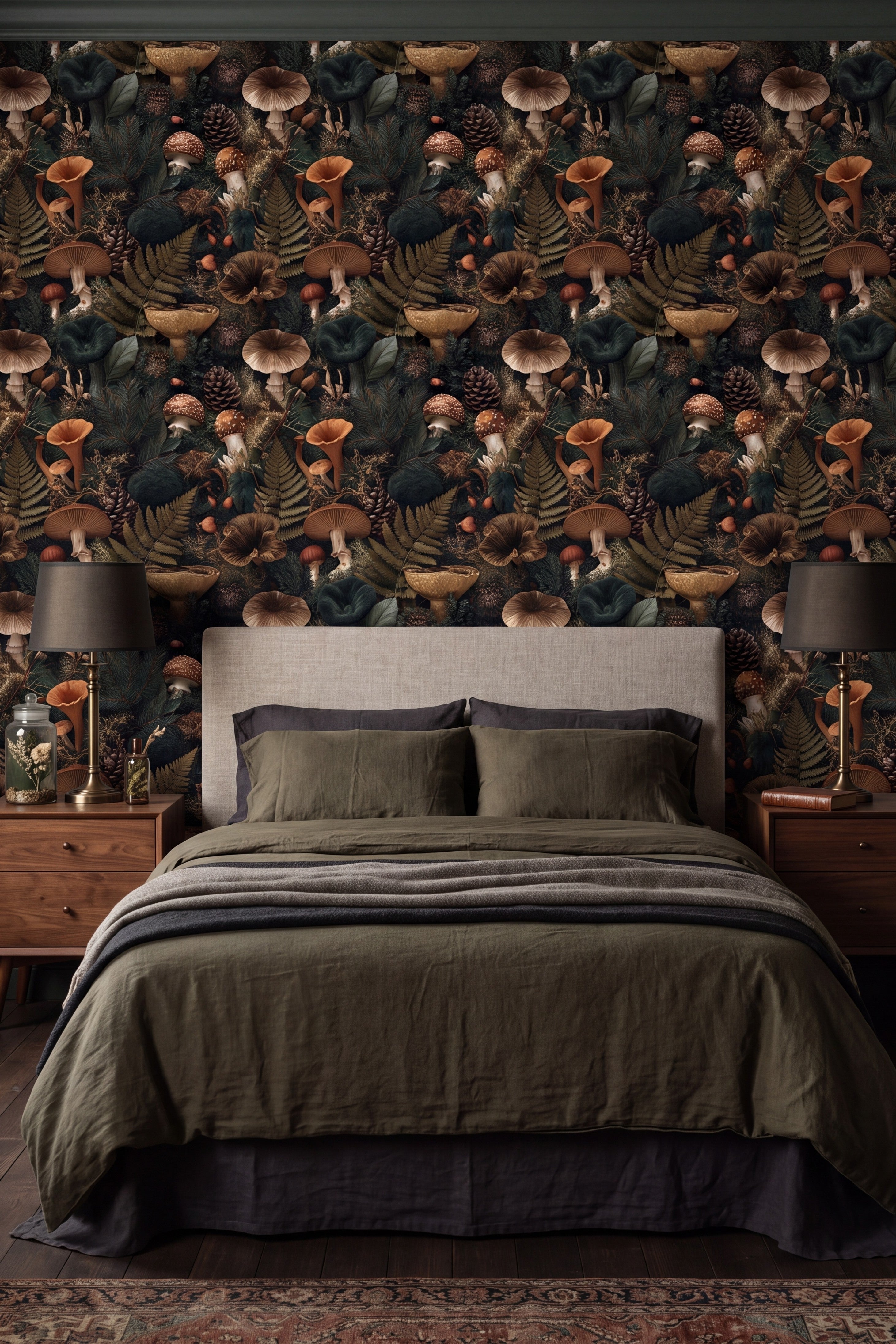 Chanterelle Woods wallpaper shown in a bedroom