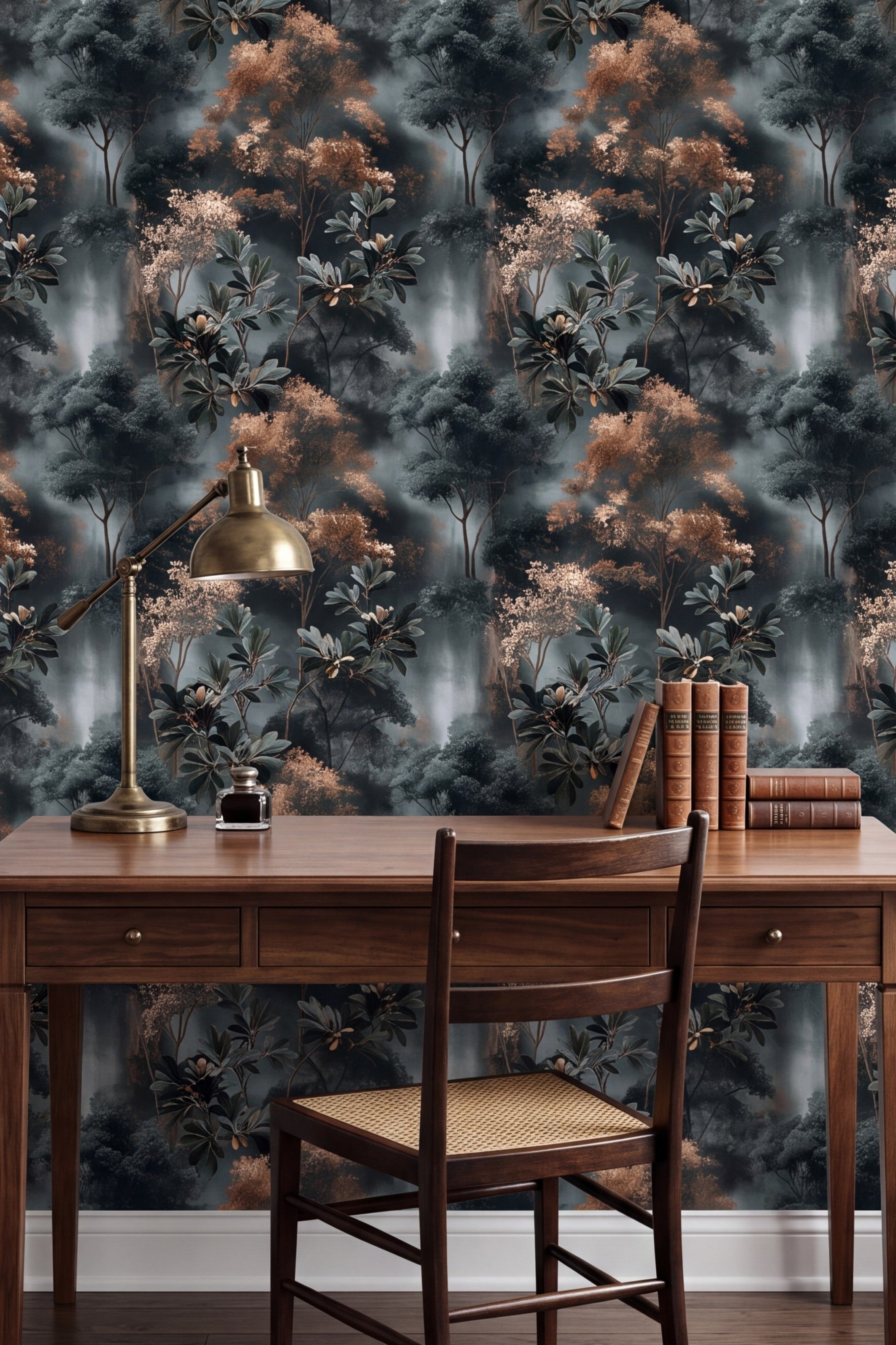 Copper Magnolia wallpaper shown in a home office