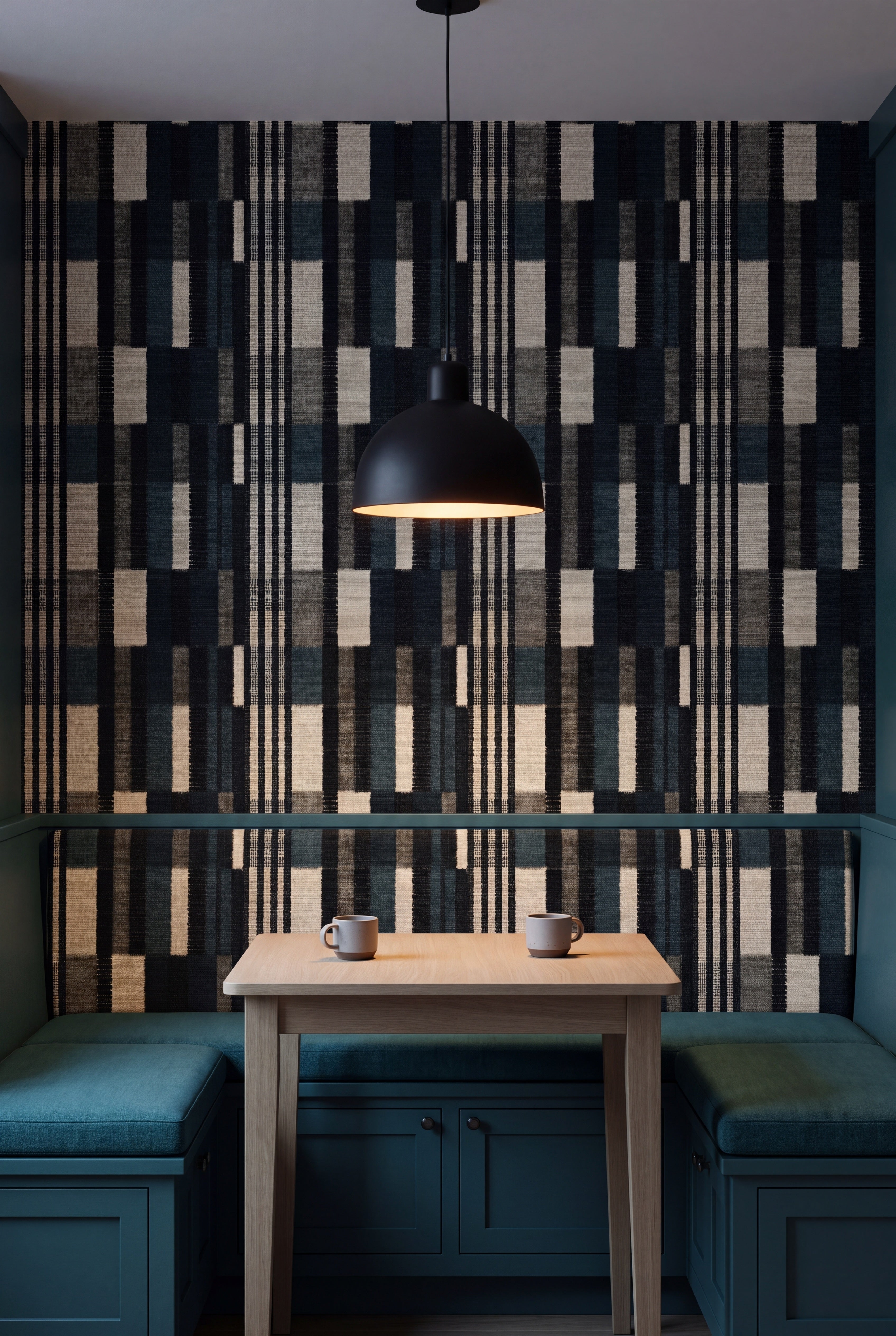 Cinder Stripe wallpaper shown in a kitchen breakfast nook