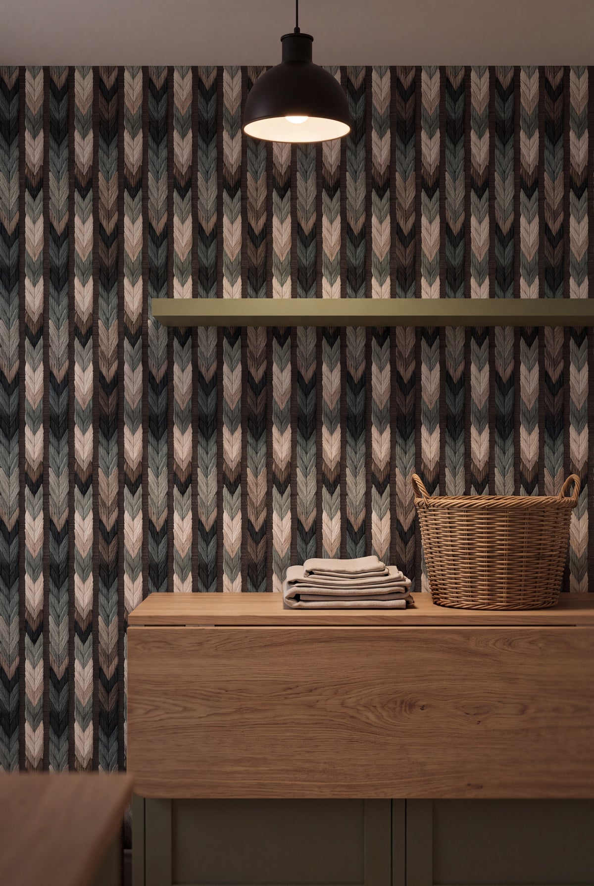 Fern Chevron wallpaper shown in a laundry room