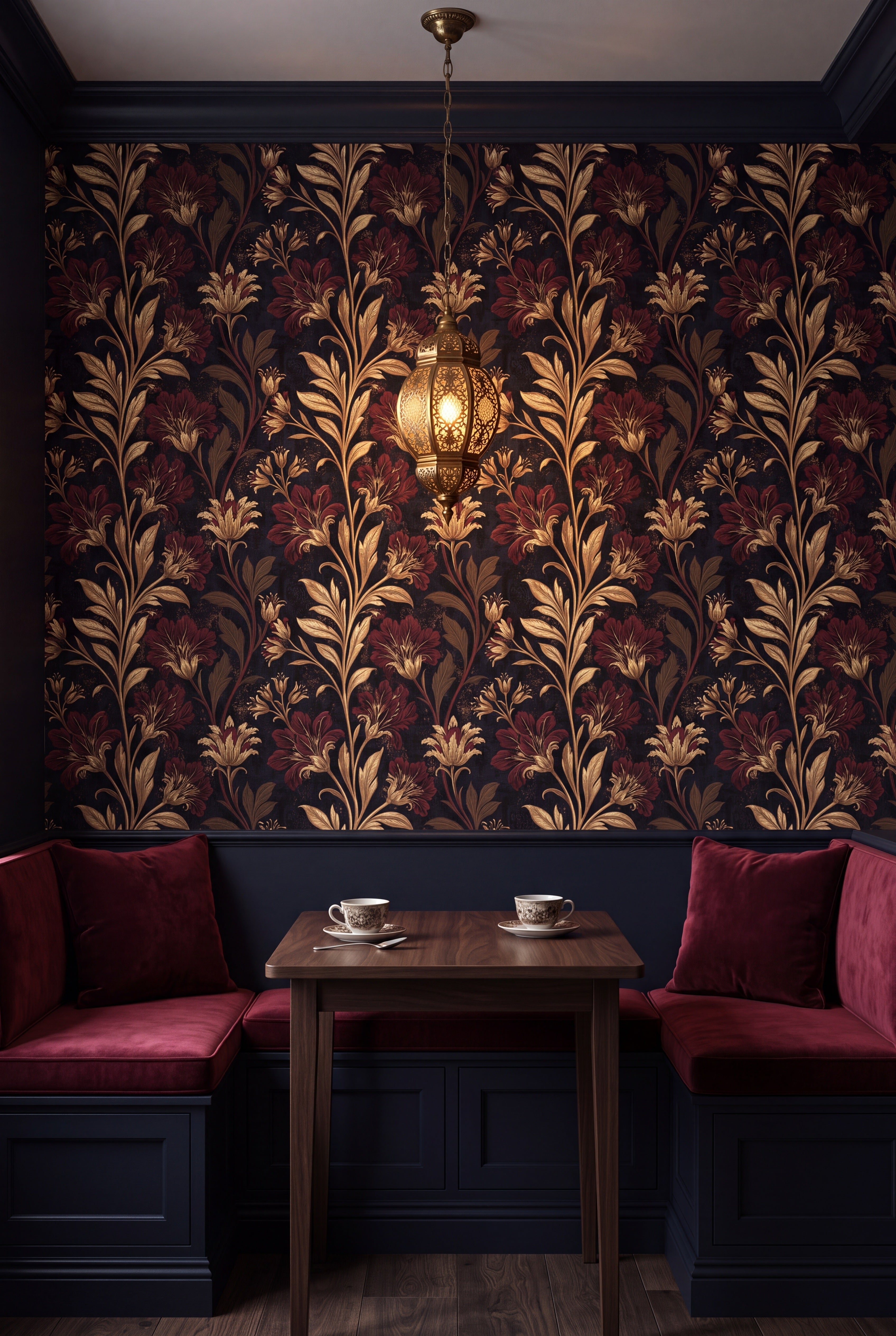 Copper Vespers wallpaper shown in a kitchen breakfast nook